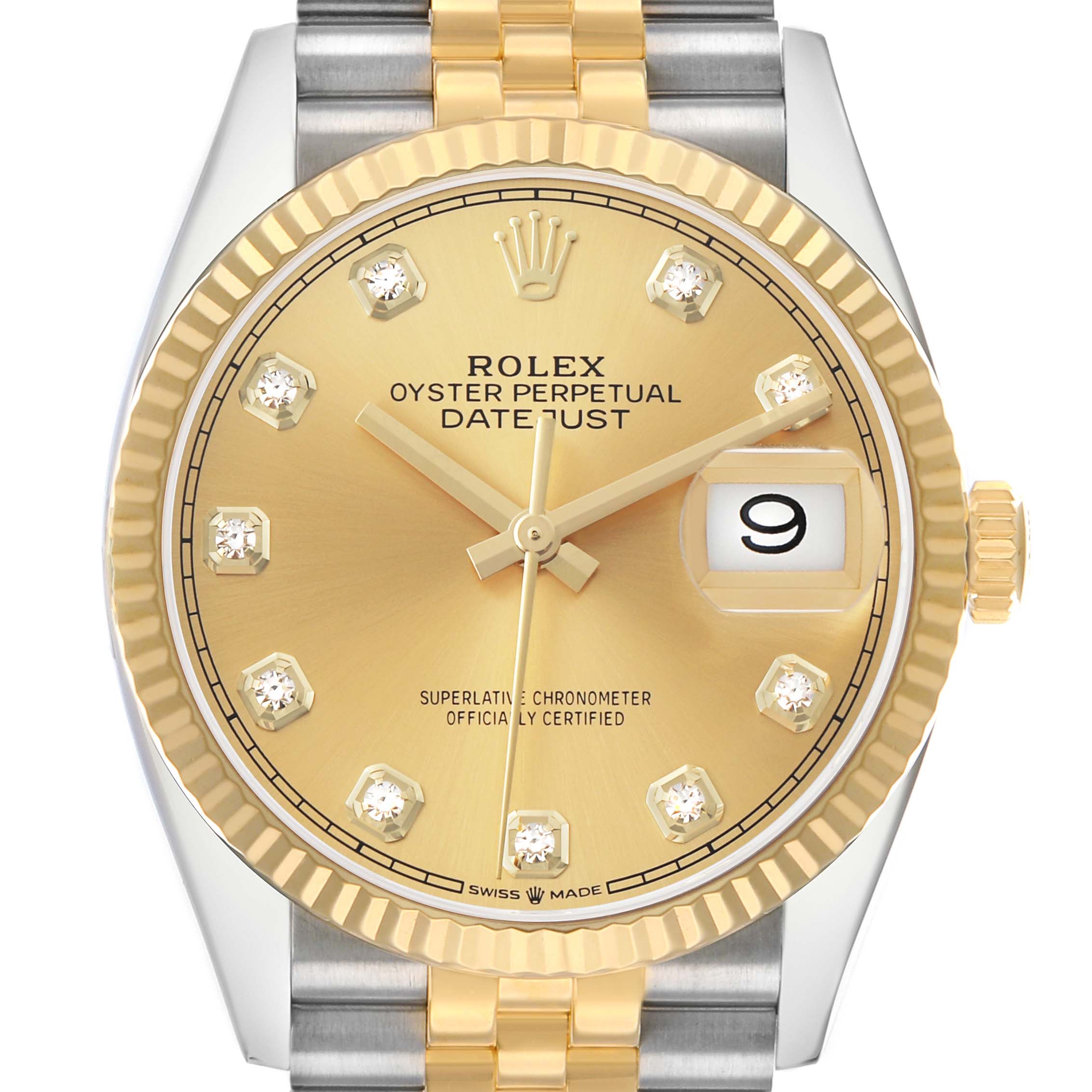 The image shows a Rolex Datejust 126233 Men's Steel and Gold (two tone) Champagne Dial watch from a front angle, highlighting the gold dial, fluted bezel, and date window.