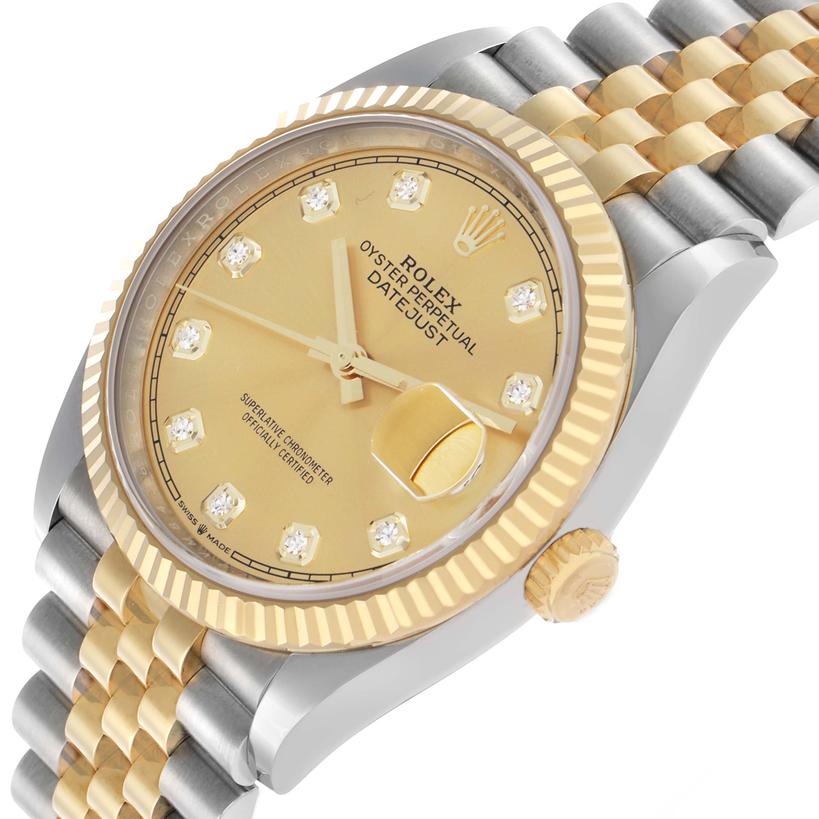 The Rolex Datejust 126233 Men's Steel and Gold (two tone) Champagne Dial is shown from a front-angle view, highlighting its dial, fluted bezel, crown, and two-tone bracelet.