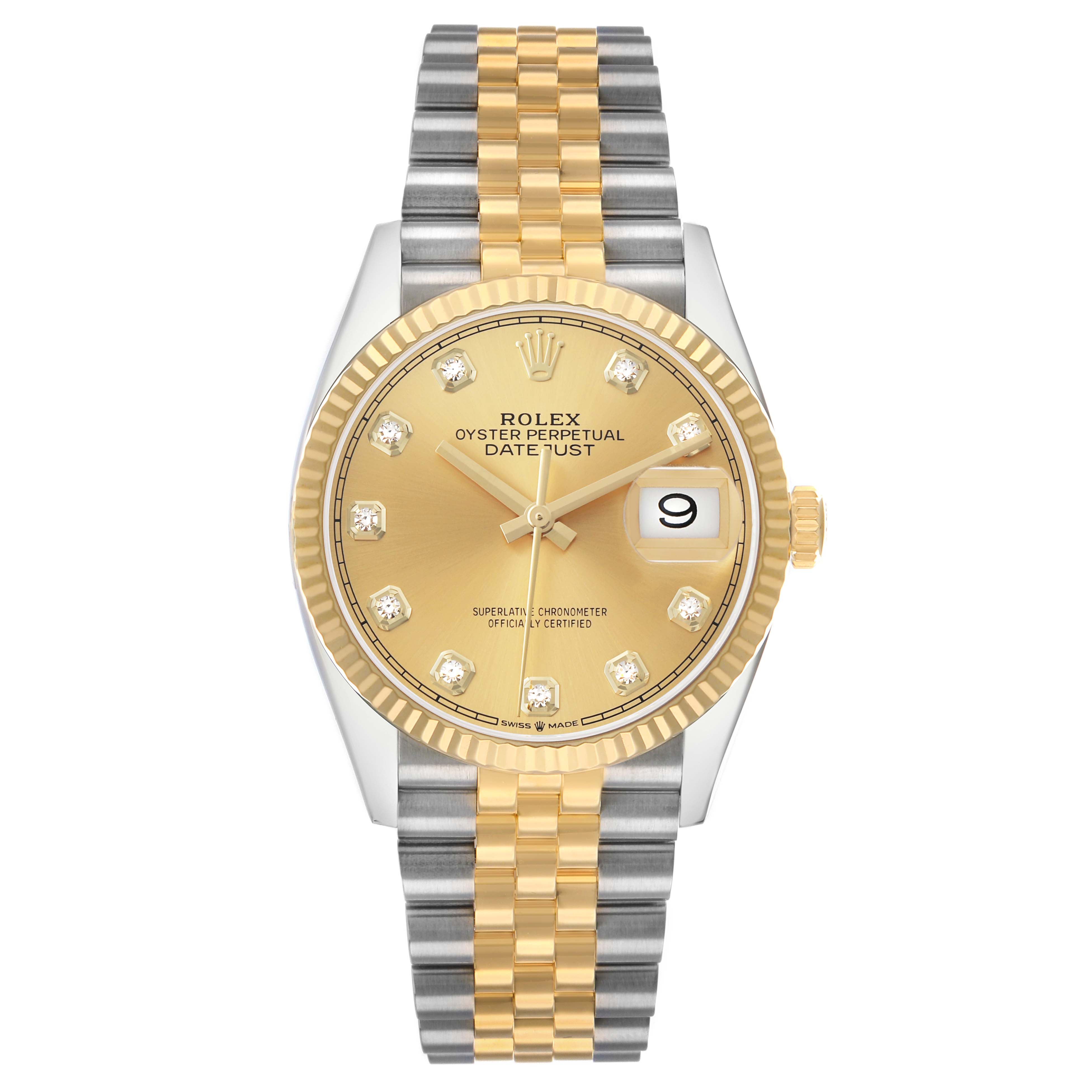 The Rolex Datejust 126233 Men's Steel and Gold (two tone) Champagne Dial watch is shown from a top-down angle, highlighting its dial, bezel, and bracelet.