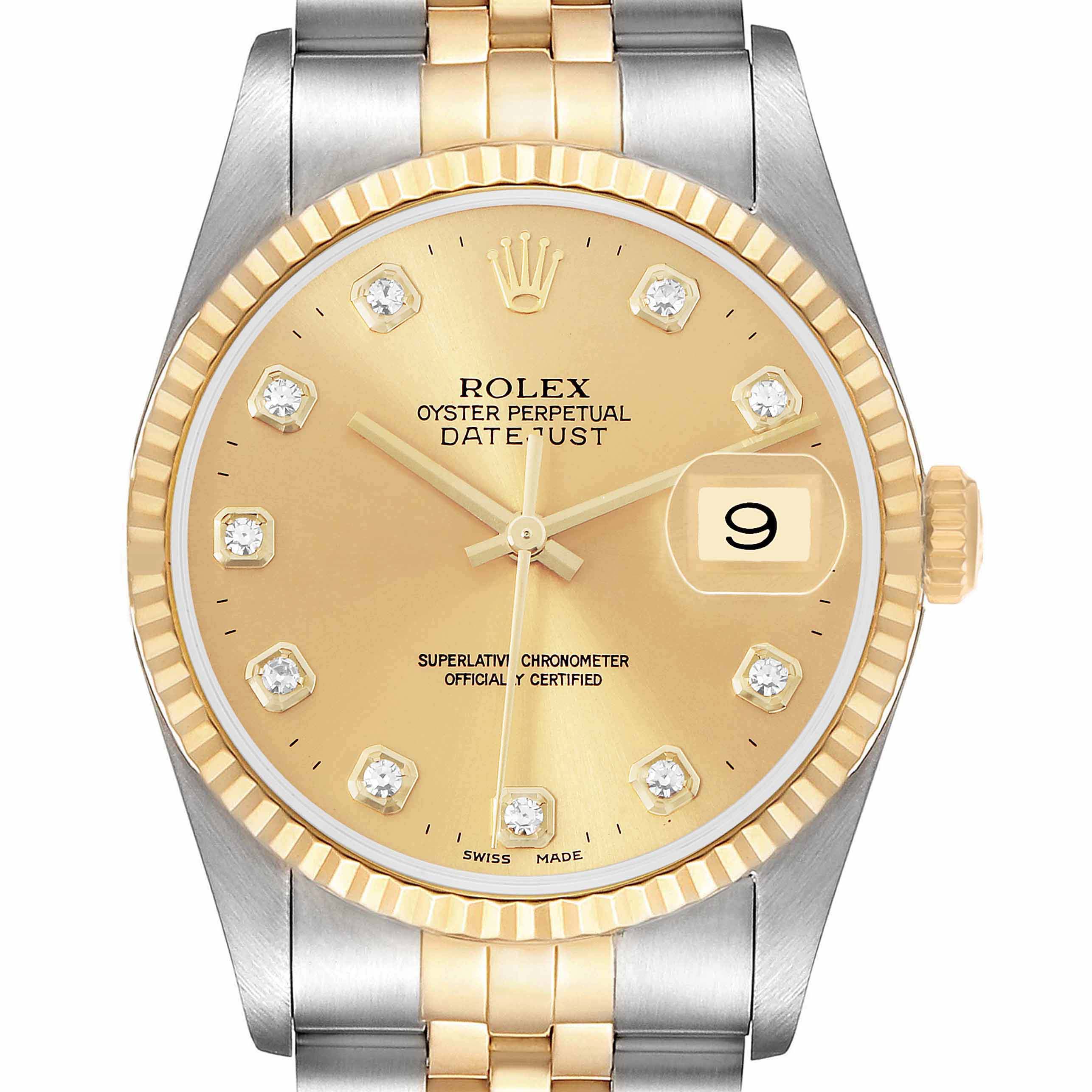 The image shows a Rolex Datejust 16233 Men's Steel and Gold (two tone) Champagne Dial watch from a front angle, highlighting the dial, bezel, crown, and part of the bracelet.