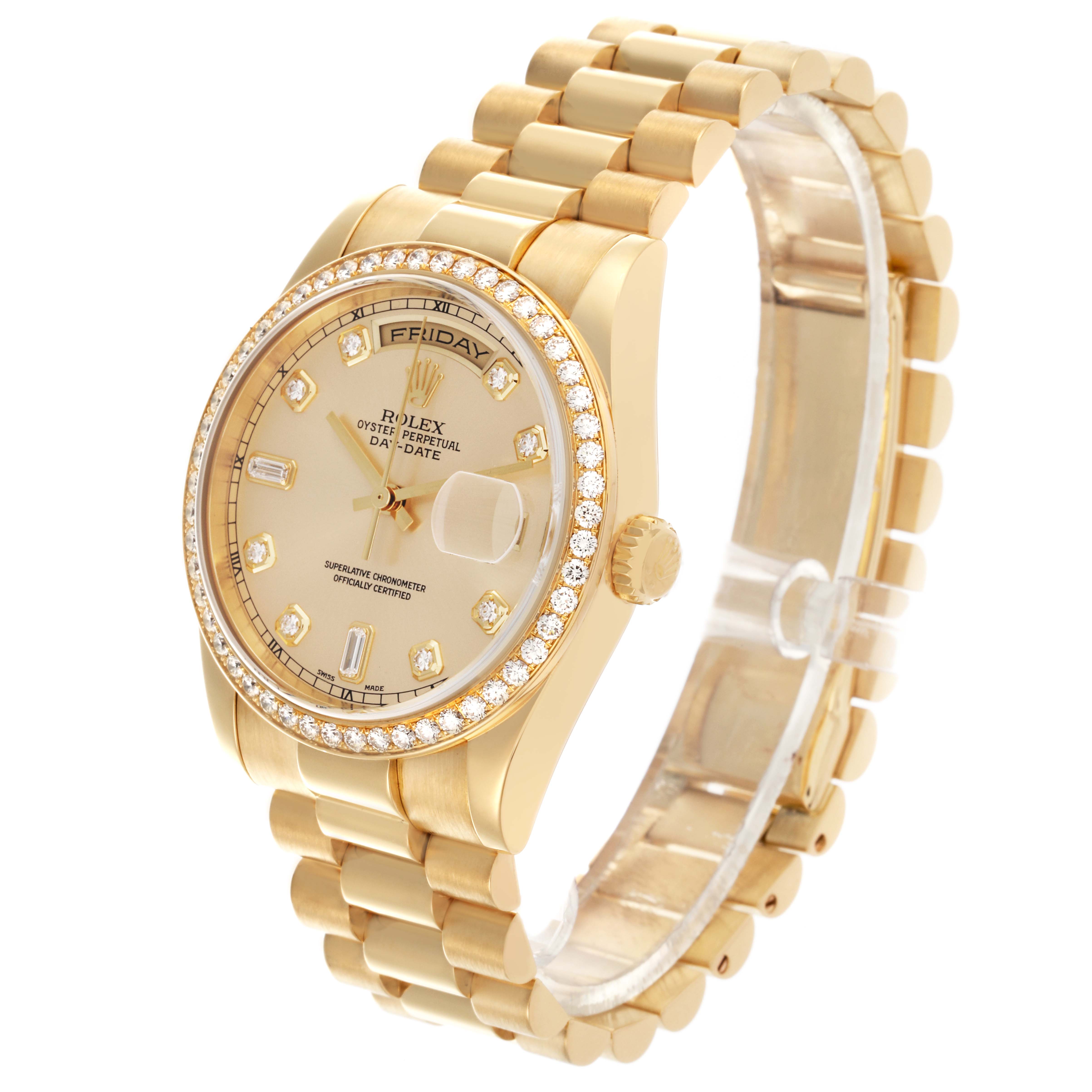The Rolex President 118348 Men
s Yellow Gold Champagne Dial 118348 Men
s Yellow Gold Champagne Dial watch is shown at an angle highlighting the face, diamond bezel, and gold bracelet.