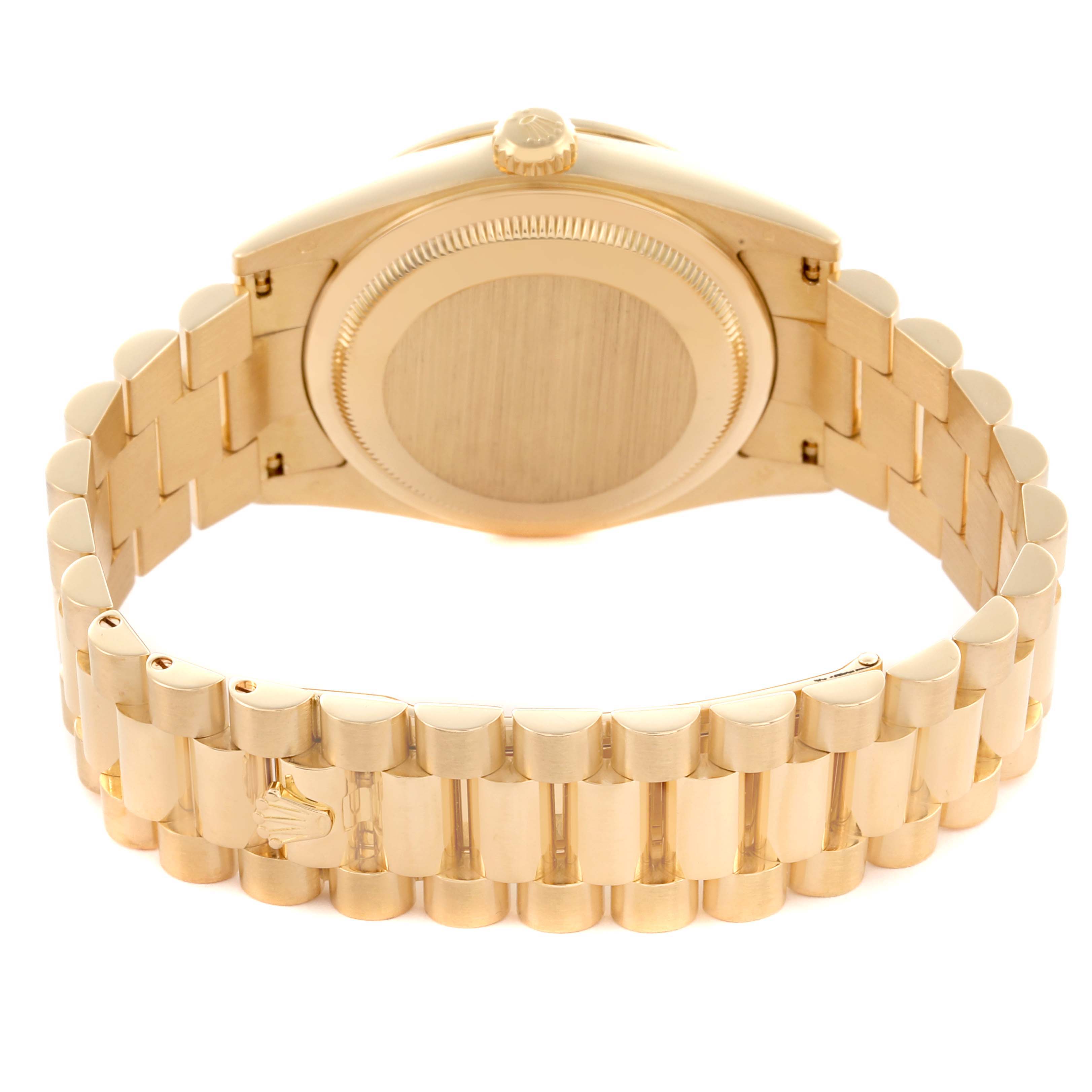 The image shows the back case and bracelet of a Rolex President 118348 Men
s Yellow Gold Champagne Dial 118348 Men
s Yellow Gold Champagne Dial model watch, viewed from a rear angle.