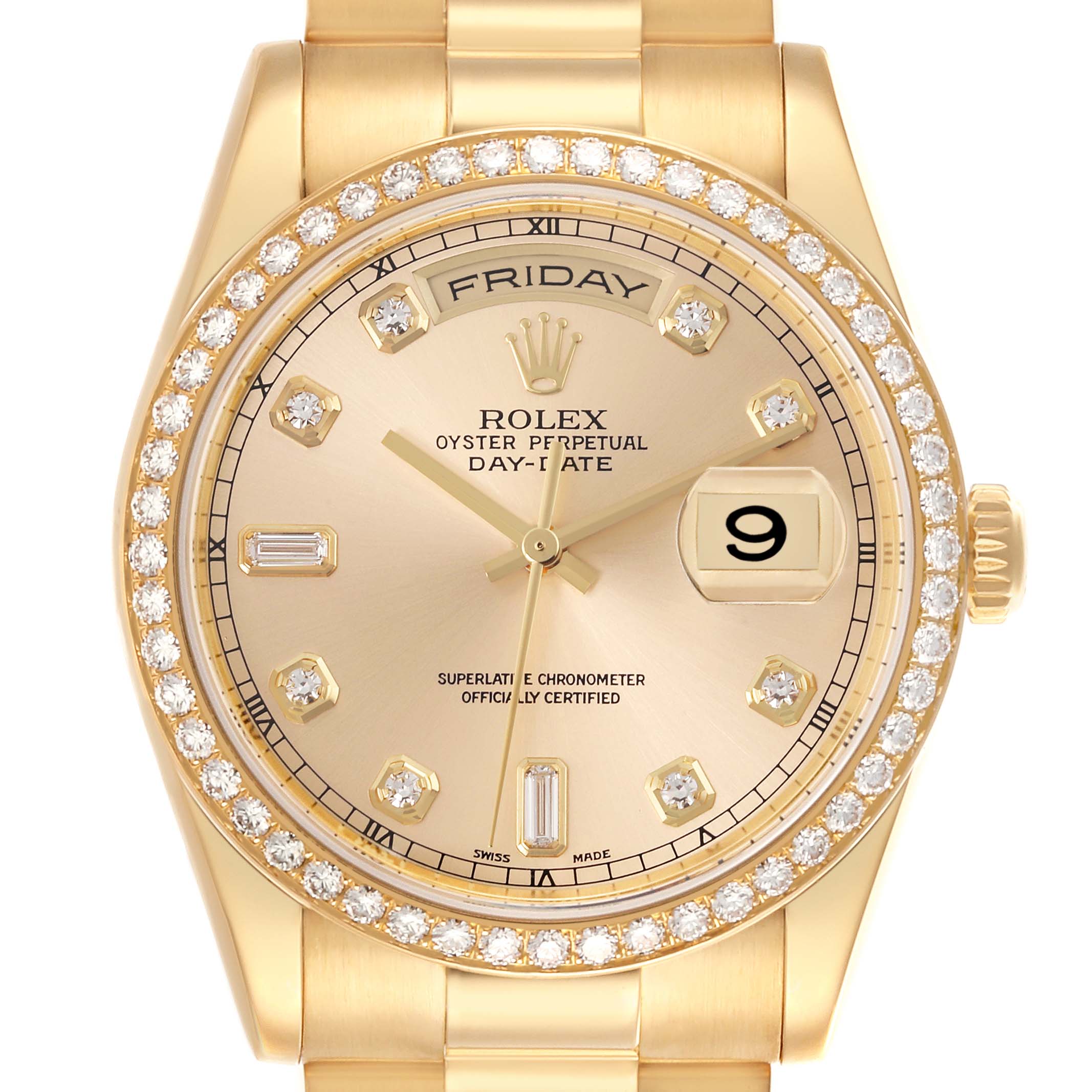 The Rolex President 118348 Men
s Yellow Gold Champagne Dial 118348 Men
s Yellow Gold Champagne Dial model watch is shown from the front, highlighting its gold case, diamond bezel, and day-date features.