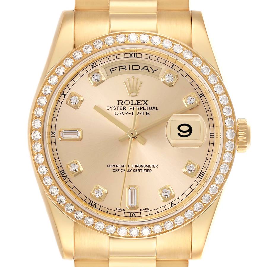 The Rolex President model watch is shown from the front, highlighting its gold case, diamond bezel, and day-date features.