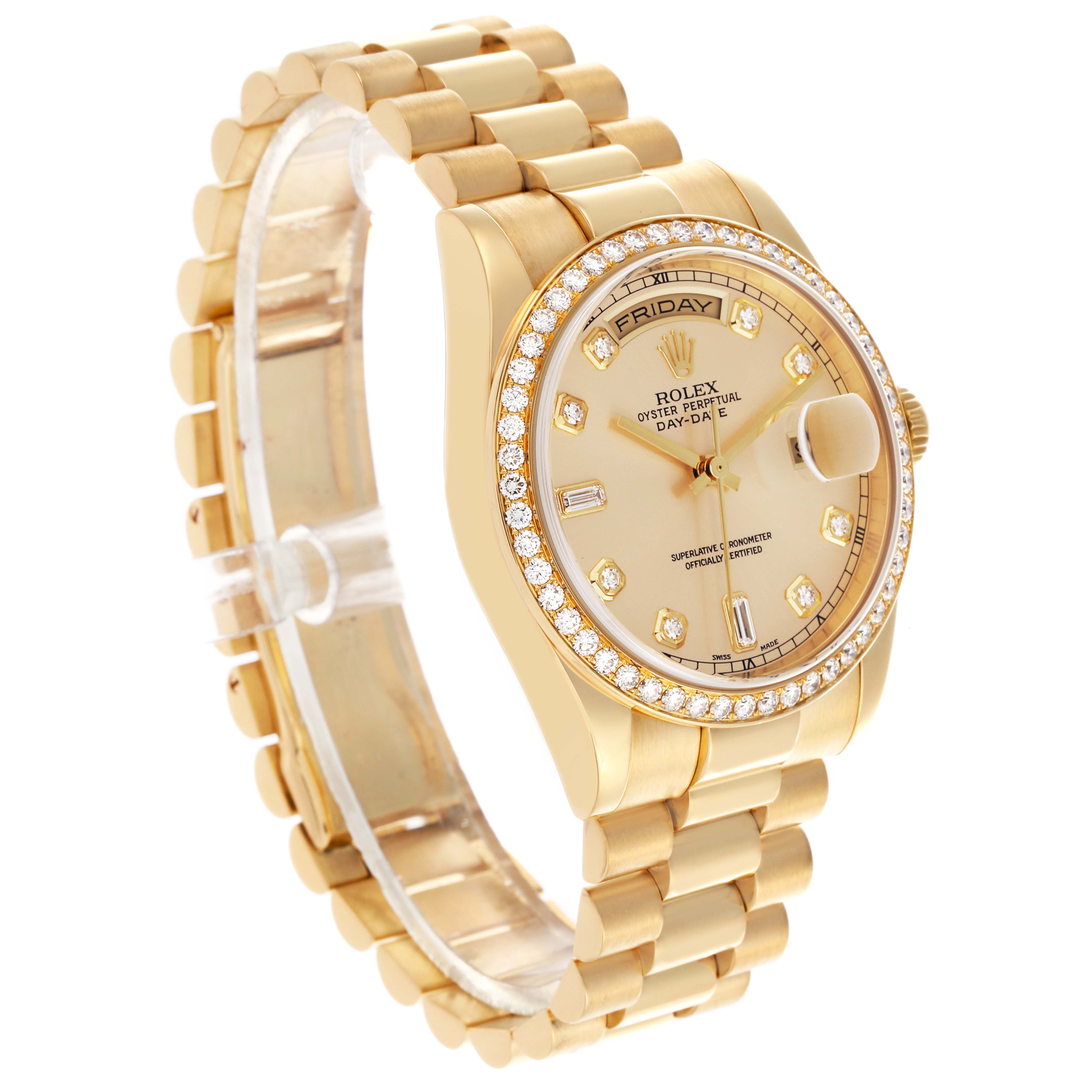 The image shows the Rolex President 118348 Men
s Yellow Gold Champagne Dial 118348 Men
s Yellow Gold Champagne Dial model at a three-quarter angle, highlighting the face, bezel, and bracelet.