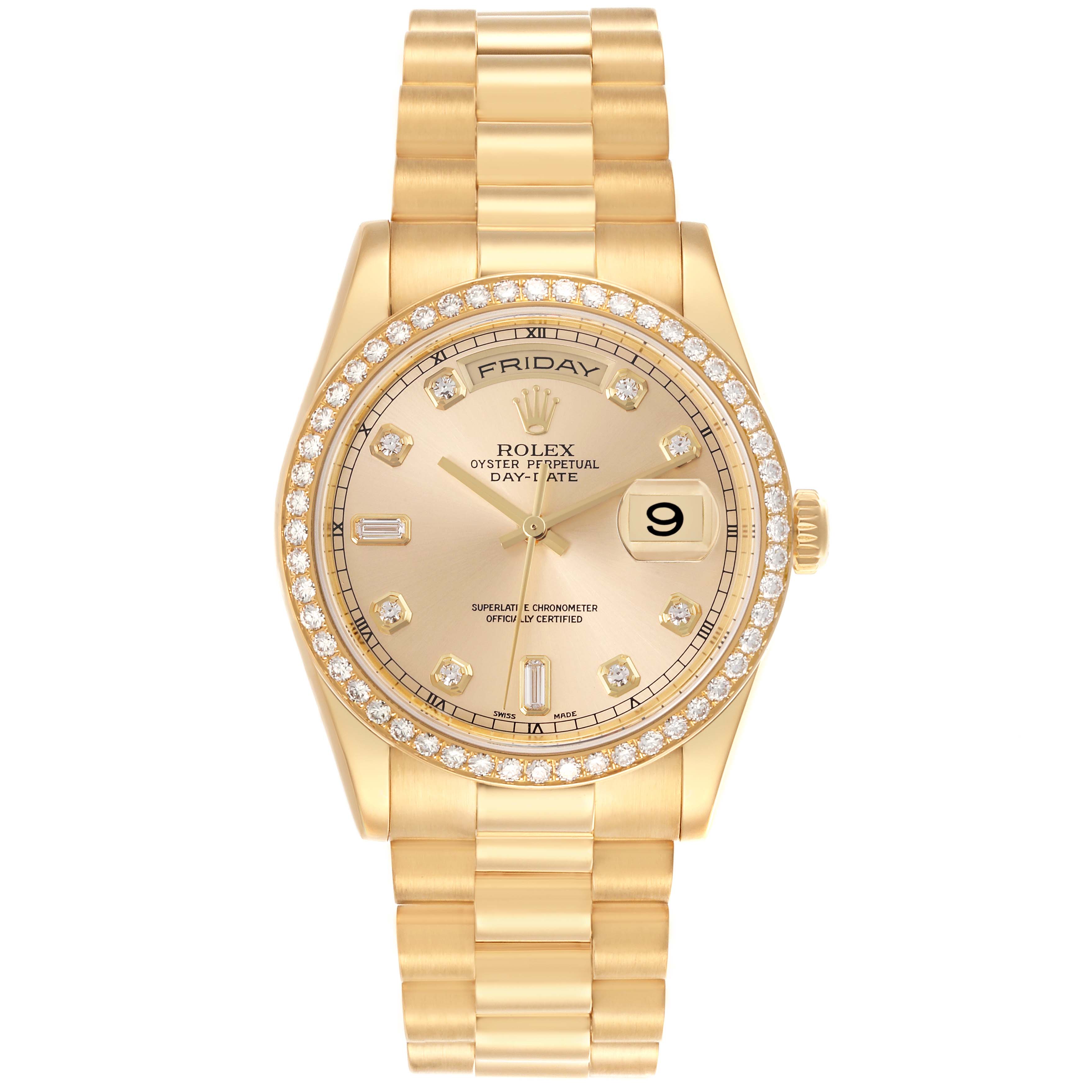 The Rolex President 118348 Men
s Yellow Gold Champagne Dial 118348 Men
s Yellow Gold Champagne Dial model is shown from a front view, displaying the face, bezel, and bracelet links.