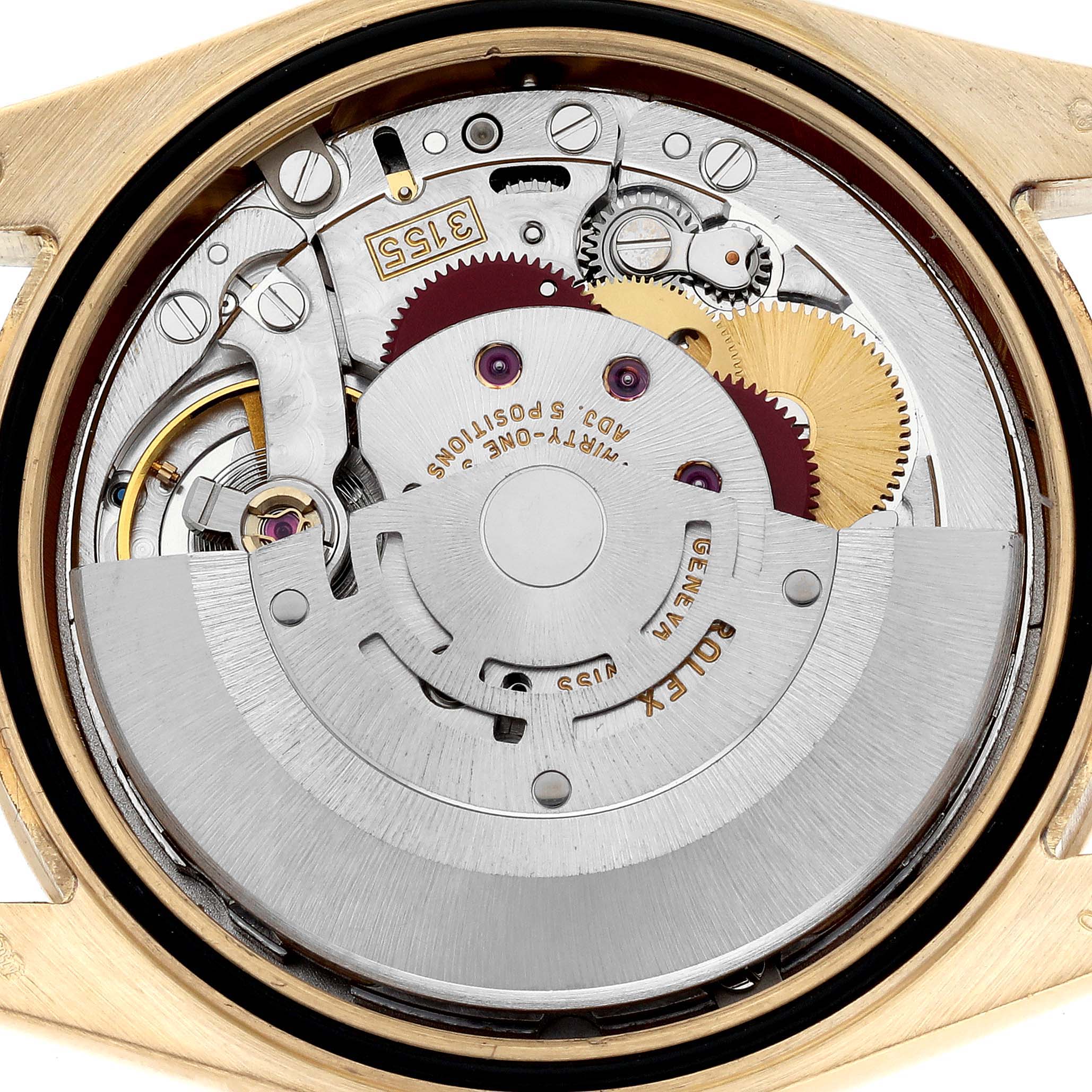 The image shows the internal mechanics of a Rolex President 118348 Men
s Yellow Gold Champagne Dial 118348 Men
s Yellow Gold Champagne Dial model watch from a top-down angle.