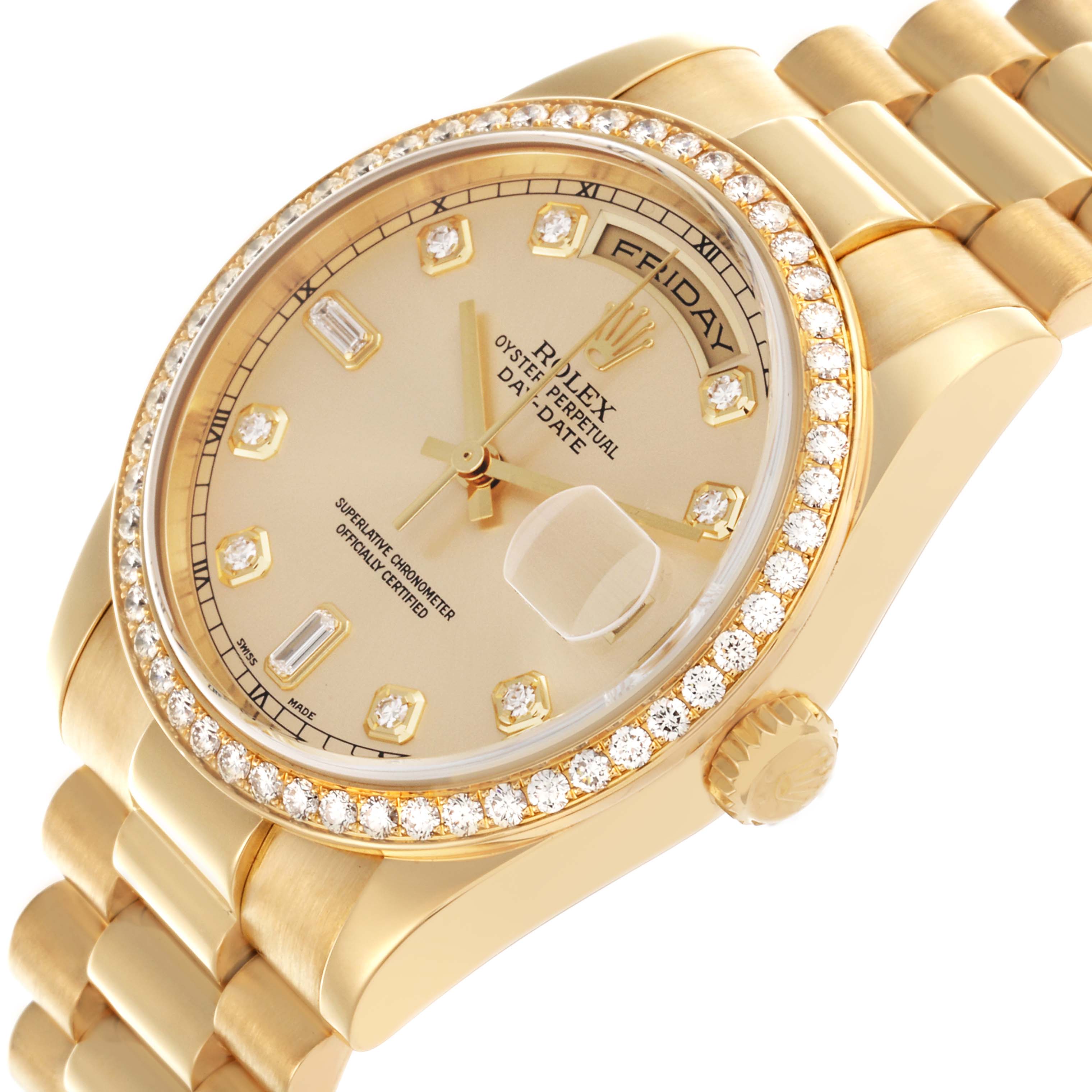 The Rolex President 118348 Men
s Yellow Gold Champagne Dial 118348 Men
s Yellow Gold Champagne Dial model is shown in a close-up angle, displaying the face, bezel, and part of the bracelet band.