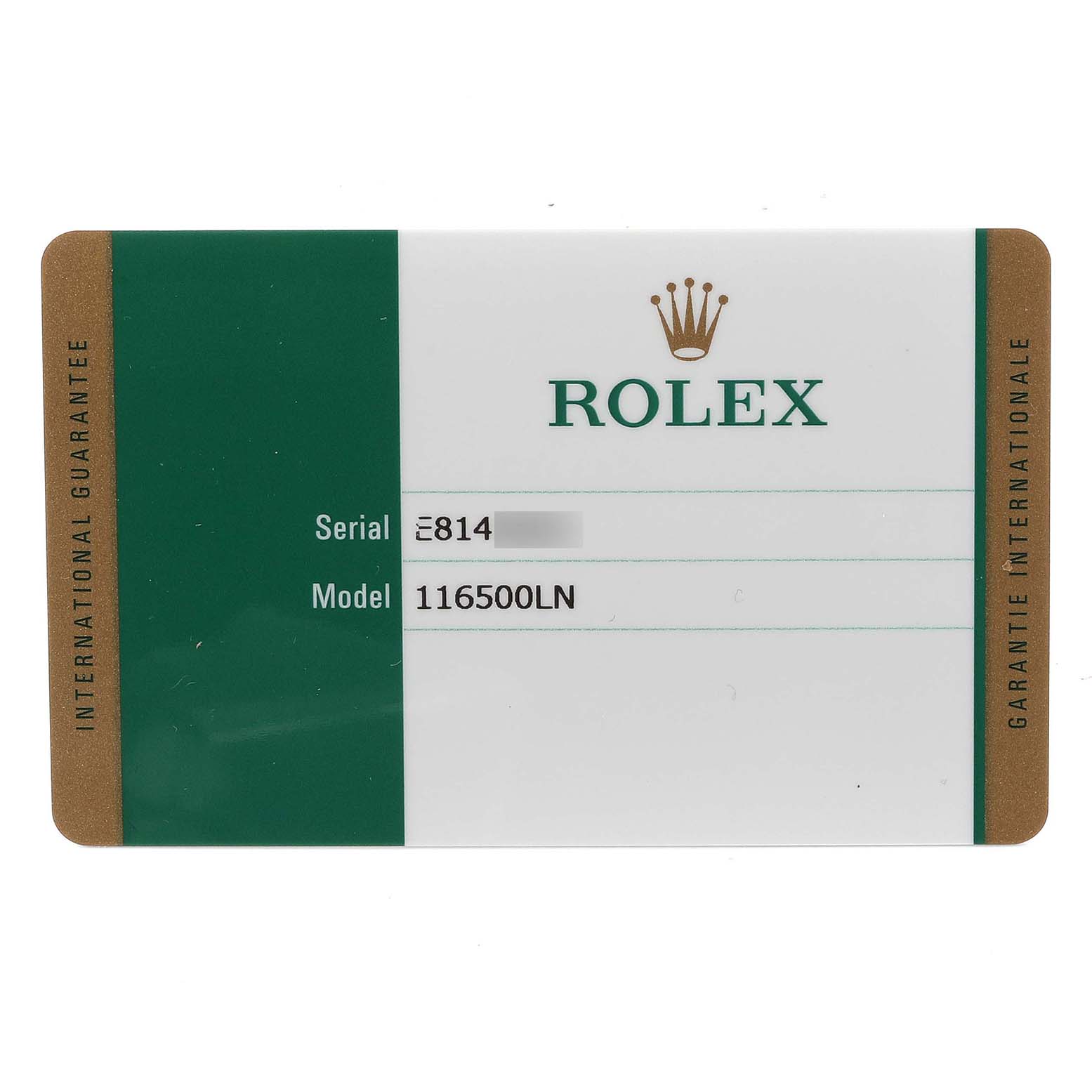 The image shows a warranty card for the Rolex Daytona 116500LN Men's Stainless Steel White Dial 116500LN Men's Stainless Steel White Dial, model 116500LN.