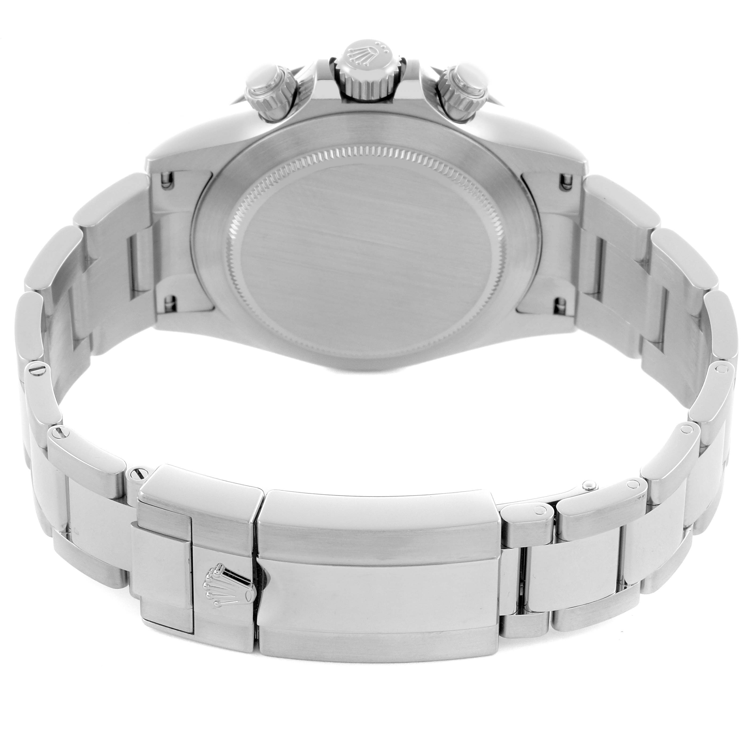 The image shows the back and bracelet clasp of a Rolex Daytona 116500LN Men's Stainless Steel White Dial 116500LN Men's Stainless Steel White Dial watch, highlighting the case back and link details.