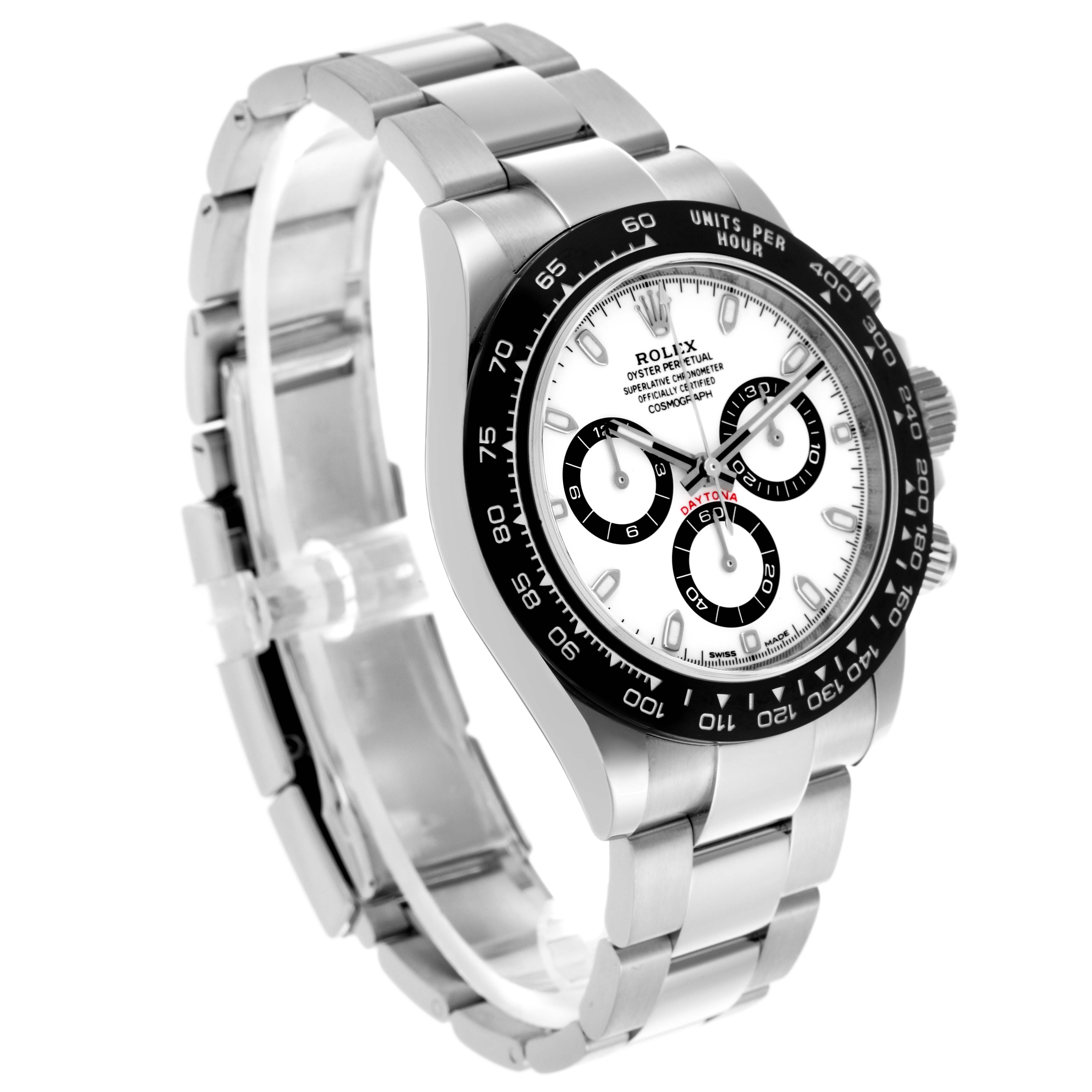 The Rolex Daytona 116500LN Men's Stainless Steel White Dial 116500LN Men's Stainless Steel White Dial watch is shown at a three-quarter angle, highlighting the face, bezel, and part of the bracelet.