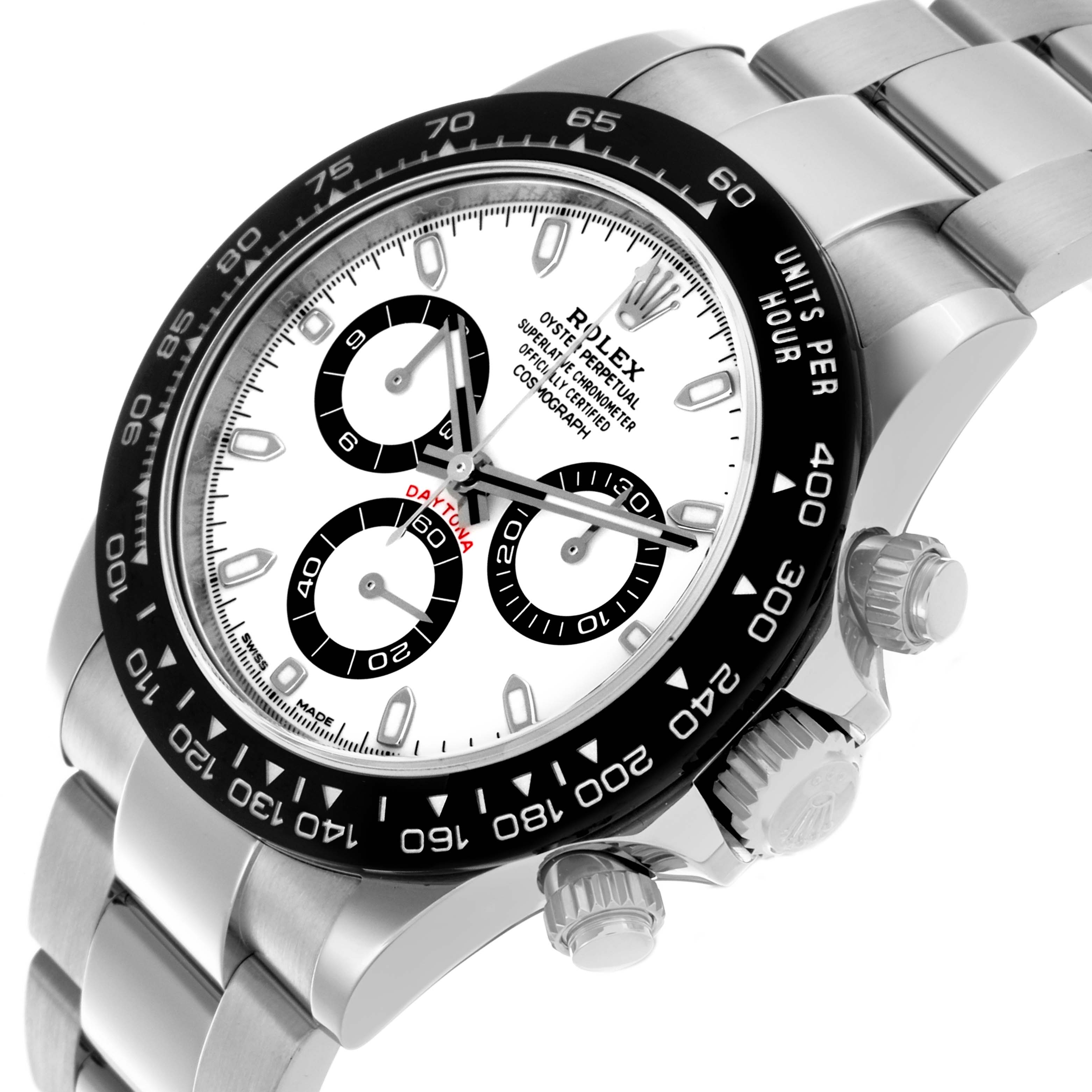 The image shows a Rolex Daytona 116500LN Men's Stainless Steel White Dial 116500LN Men's Stainless Steel White Dial watch at a tilted angle, highlighting the dial, bezel, and crown.