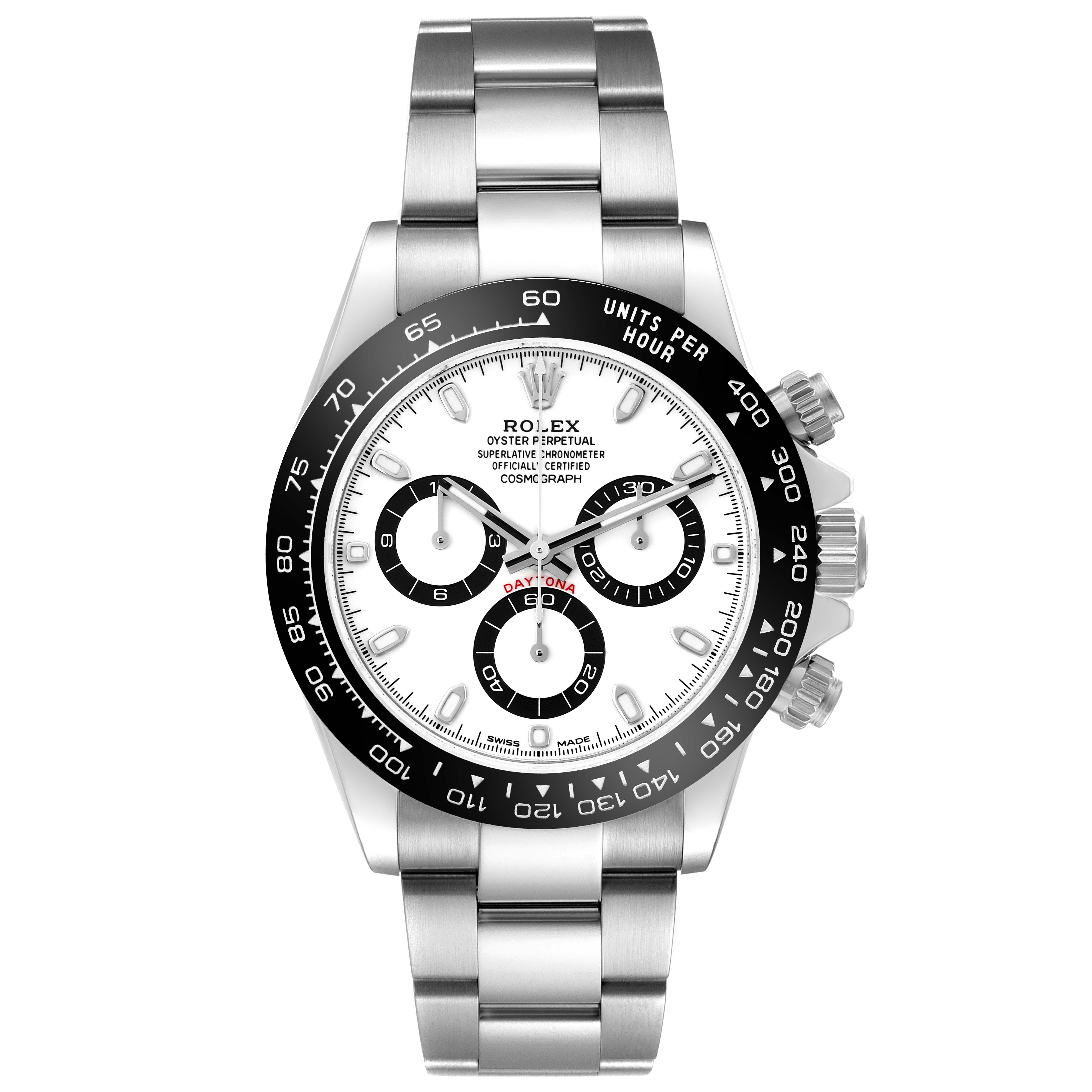 The Rolex Daytona 116500LN Men's Stainless Steel White Dial 116500LN Men's Stainless Steel White Dial watch is shown from a top-down angle, highlighting the bezel, dial, and stainless steel bracelet.