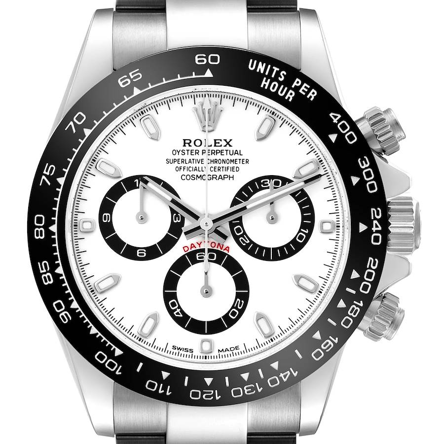 The Rolex Daytona watch is shown from a front angle, highlighting the bezel, dial, and chronograph sub-dials.