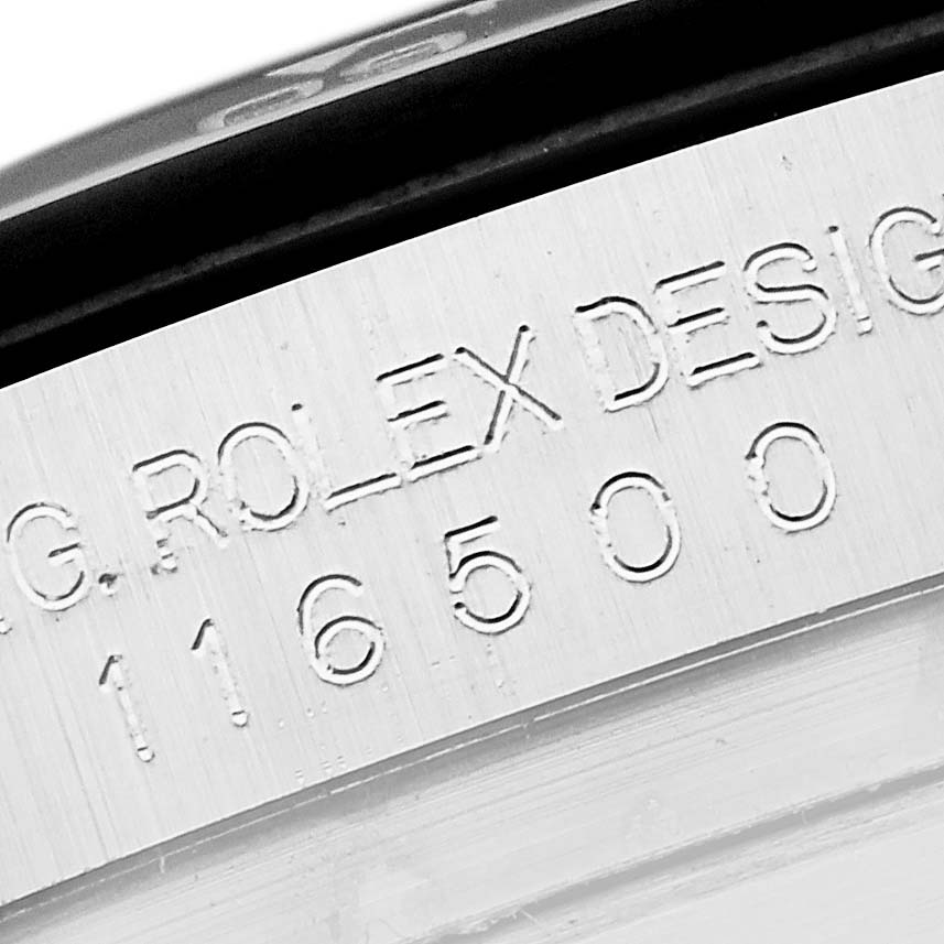 The image shows the engraved side detailing of a Rolex Daytona 116500LN Men's Stainless Steel White Dial 116500LN Men's Stainless Steel White Dial watch case model number 116500.