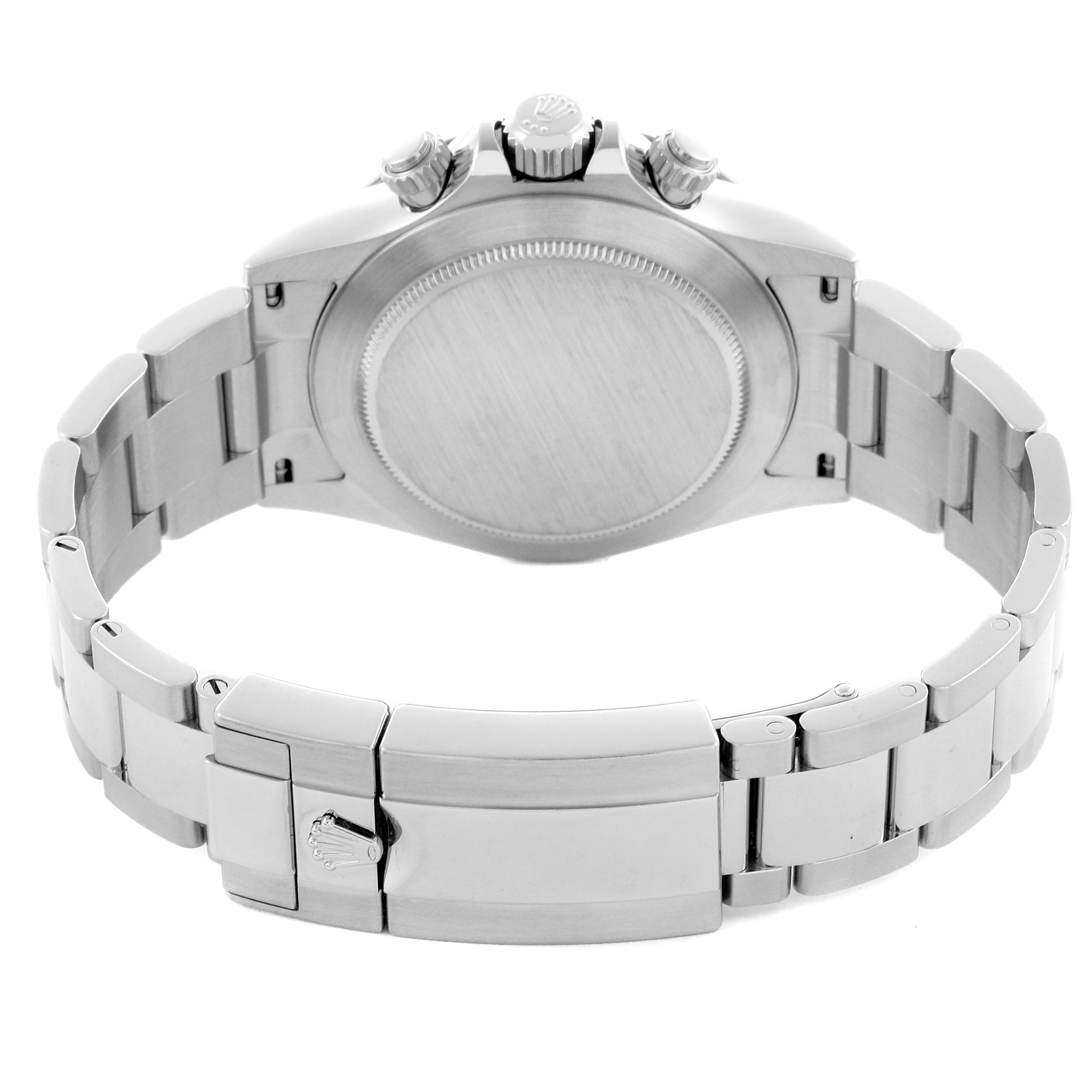 The Rolex Daytona 116500LN Men's Stainless Steel White Dial 116500LN Men's Stainless Steel White Dial watch is shown from the back, highlighting the case back, bracelet, and clasp.