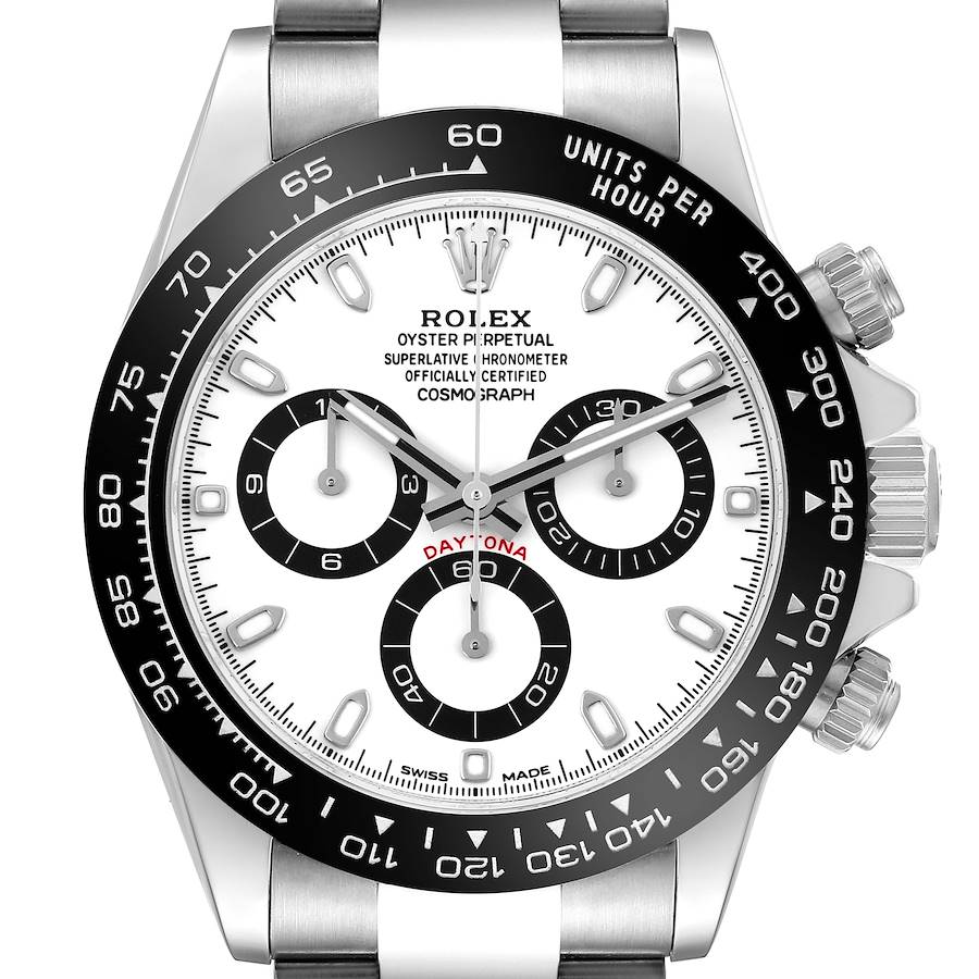 The Rolex Daytona watch is shown from a top-down angle, highlighting its face, bezel, pushers, and crown.