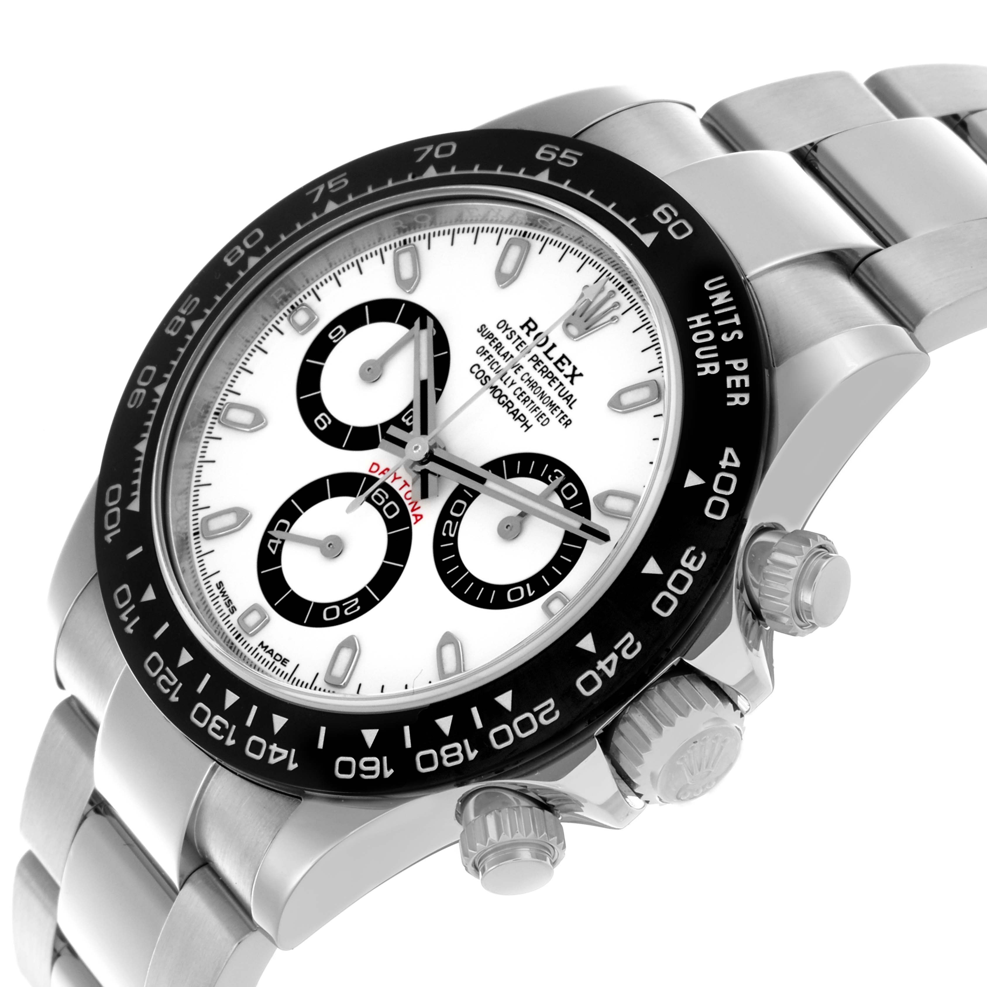 The Rolex Daytona 116500LN Men's Stainless Steel White Dial 116500LN Men's Stainless Steel White Dial watch is shown at an angle highlighting the dial, bezel, and side buttons.