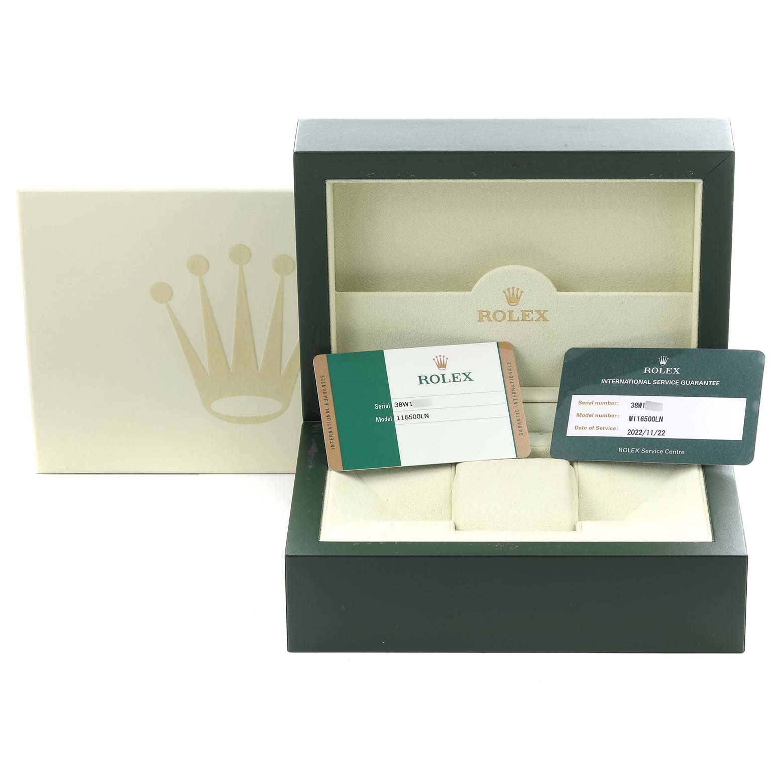 The image shows the packaging and guarantee cards for a Rolex Daytona 116500LN Men's Stainless Steel White Dial 116500LN Men's Stainless Steel White Dial, without the watch visible.