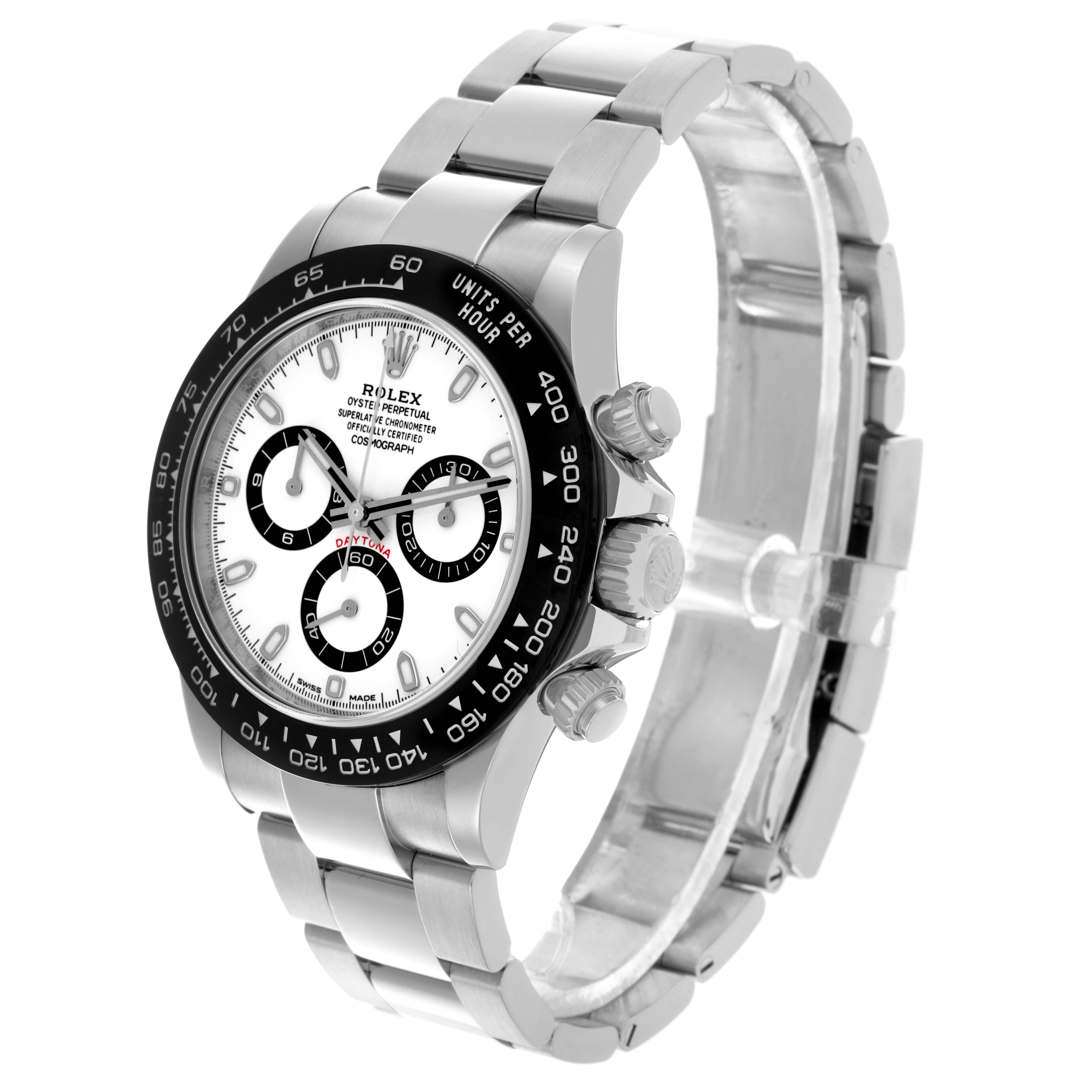 The Rolex Daytona 116500LN Men's Stainless Steel White Dial 116500LN Men's Stainless Steel White Dial is shown at an angle highlighting the face, bezel, and bracelet.