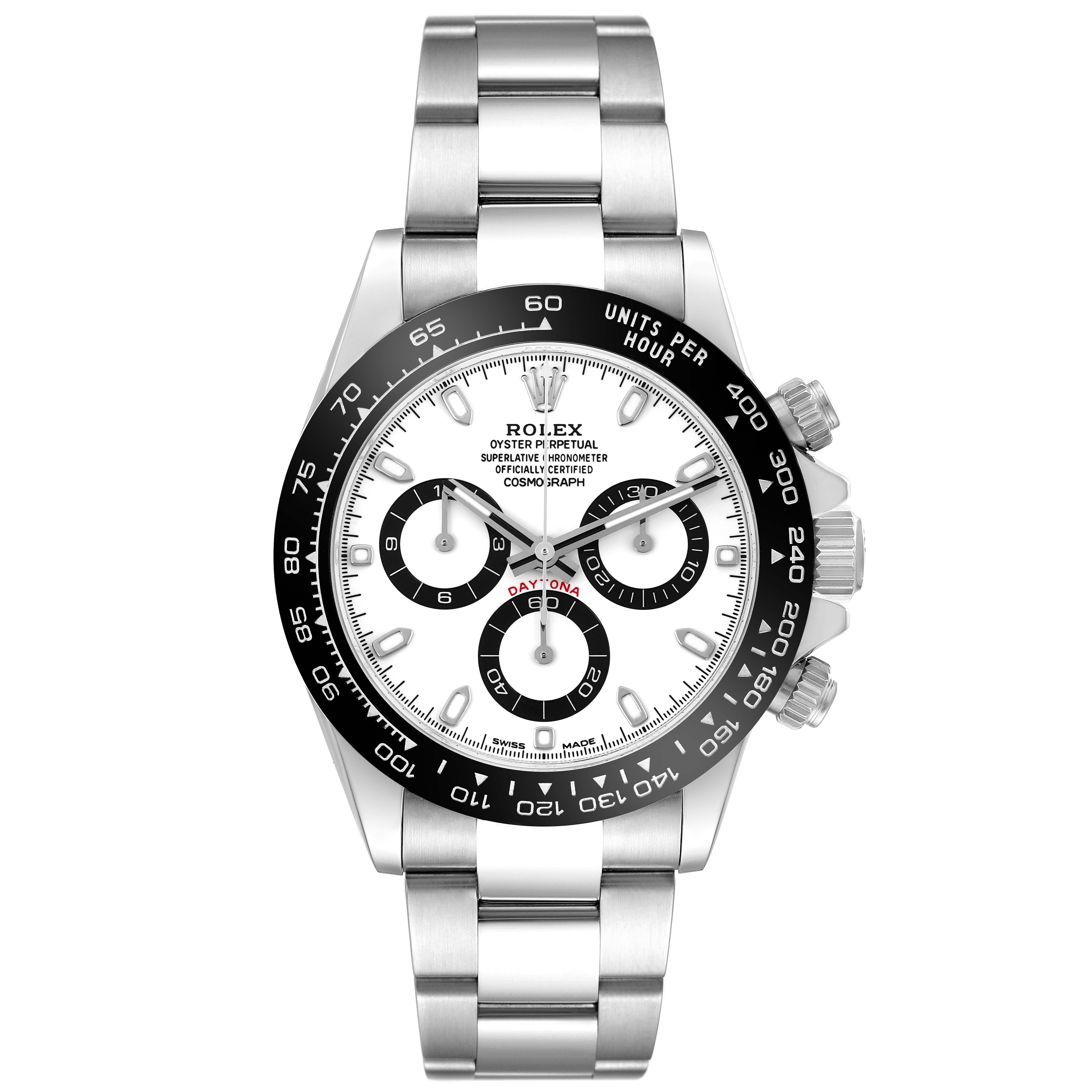 The Rolex Daytona 116500LN Men's Stainless Steel White Dial 116500LN Men's Stainless Steel White Dial watch is shown from a front angle, displaying the dial, bezel, and bracelet.