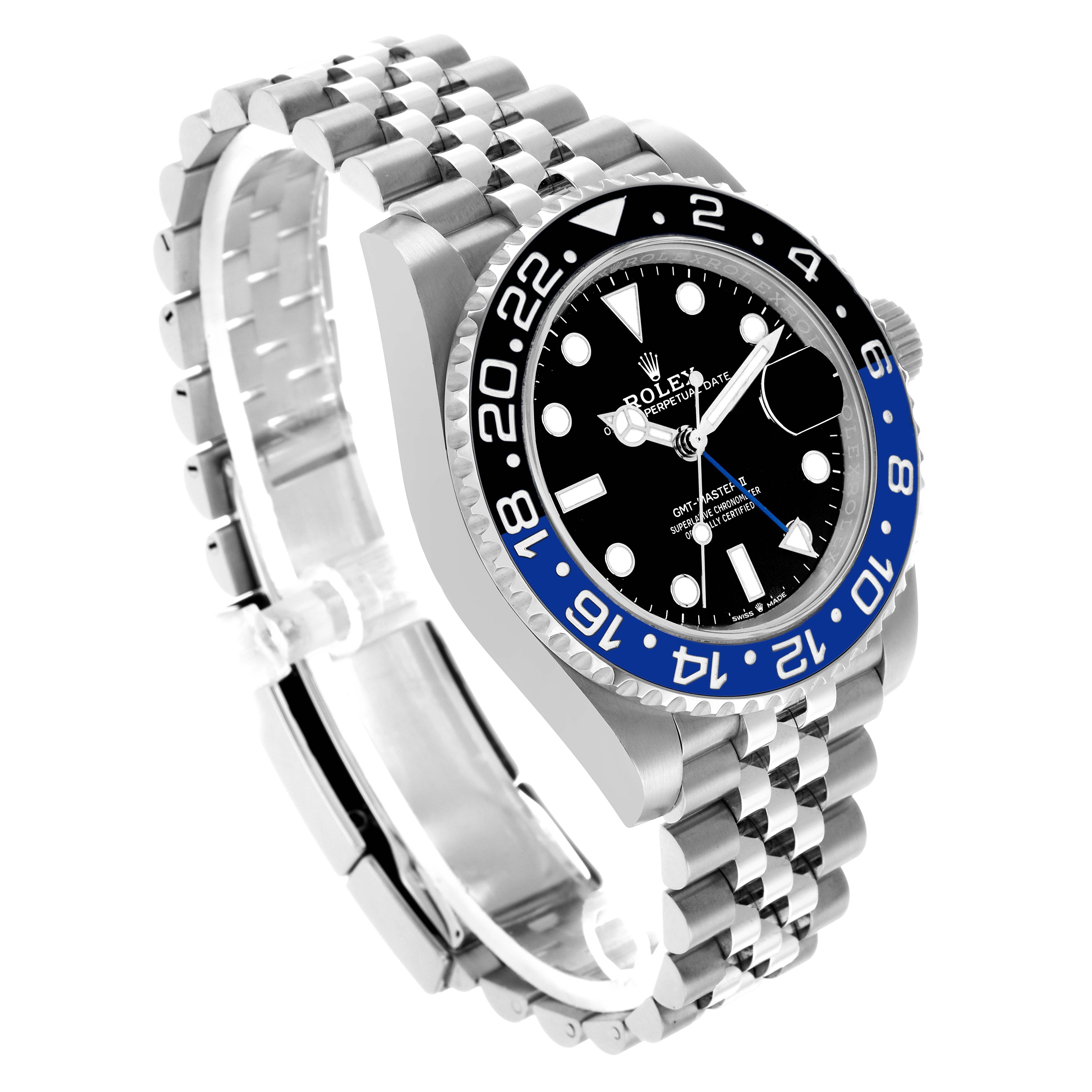 The Rolex GMT-Master 126710BLNR Men's Stainless Steel Black Dial watch is shown at a three-quarter angle, displaying the bezel, dial, case, crown, and Jubilee bracelet.