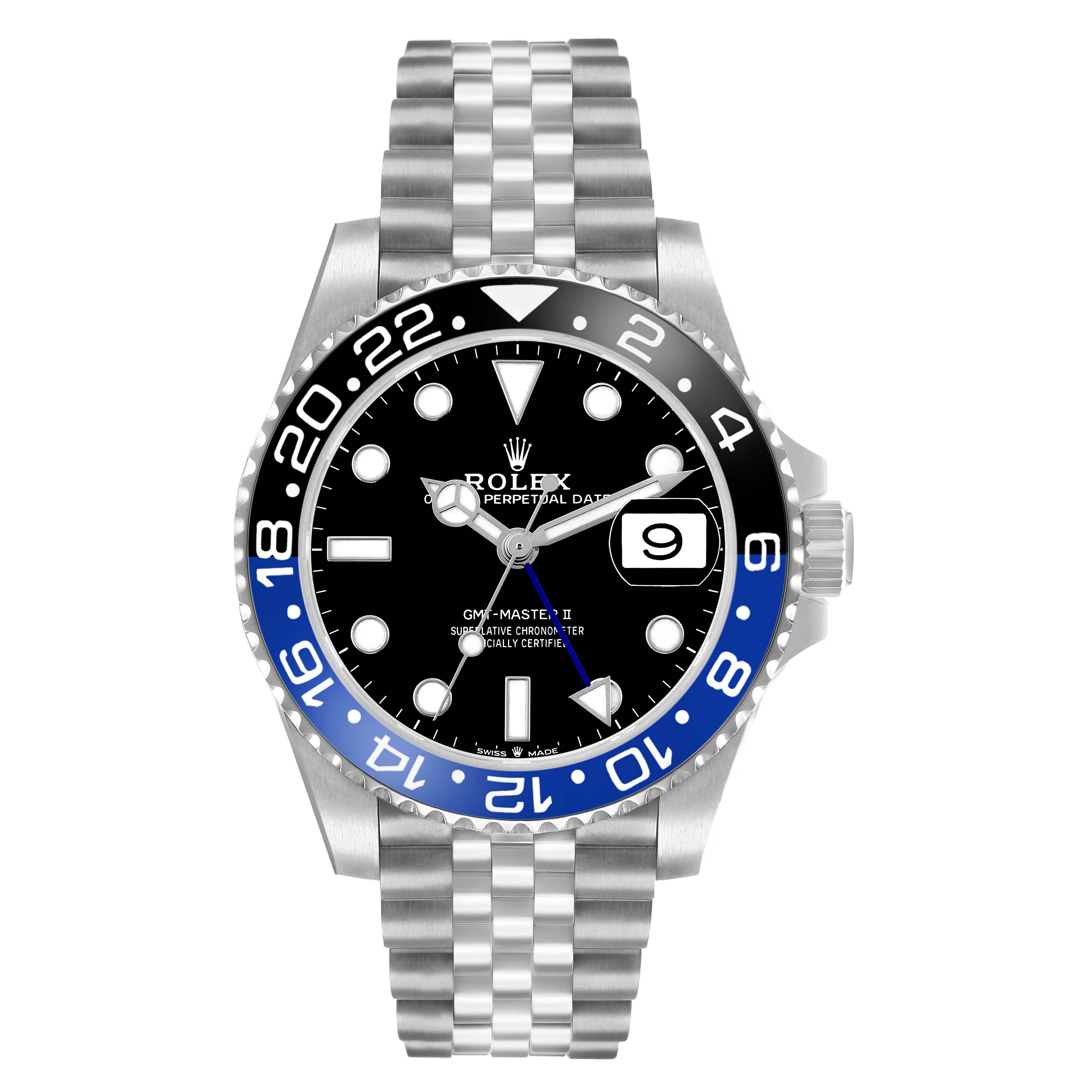 The Rolex GMT-Master 126710BLNR Men's Stainless Steel Black Dial watch is shown from the front, displaying its dial, bezel, and bracelet clearly.