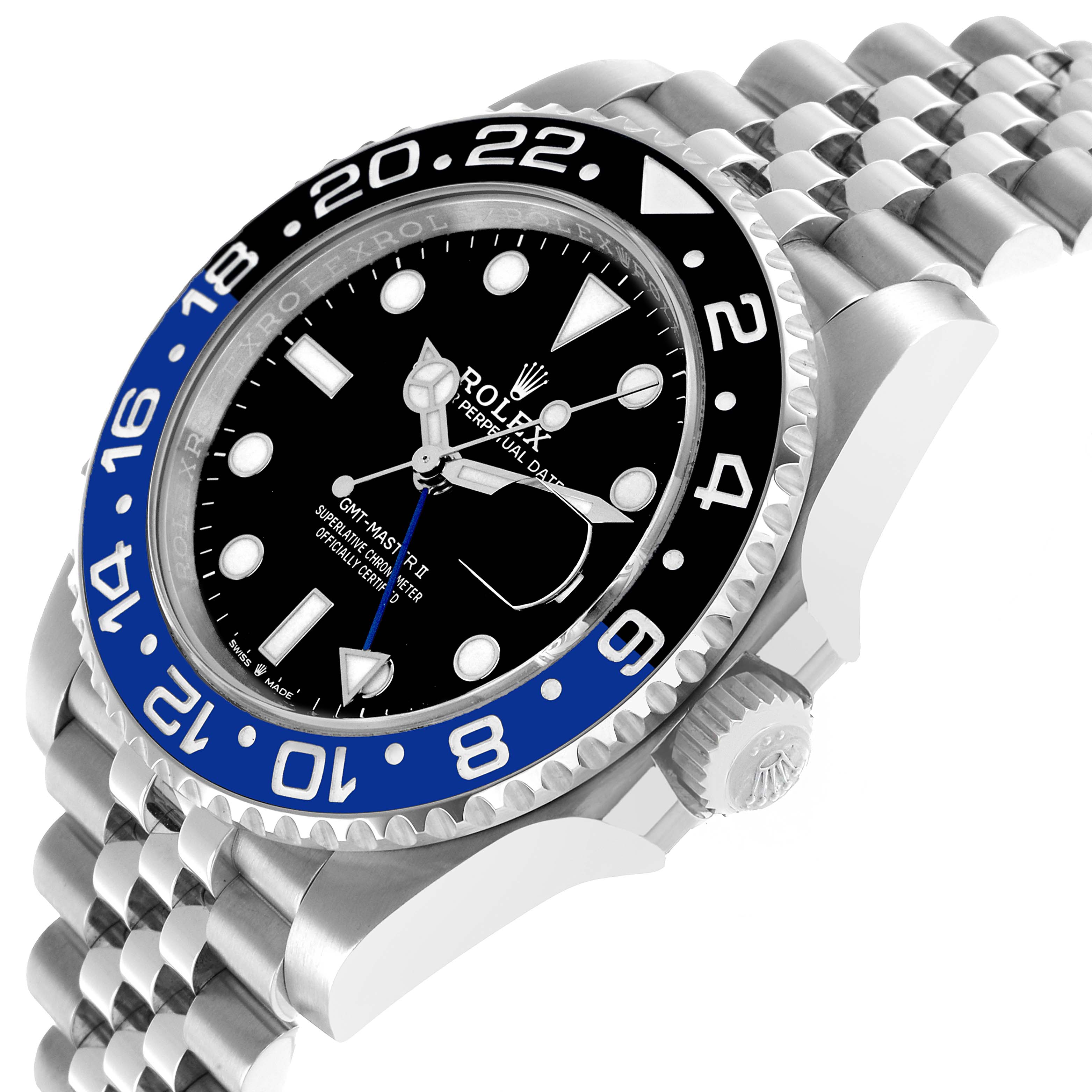 The Rolex GMT-Master 126710BLNR Men's Stainless Steel Black Dial watch is shown from an angled side view, displaying the bezel, dial, crown, and part of the bracelet.