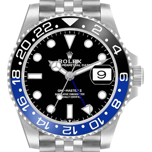 The Rolex GMT-Master 126710BLNR Men's Stainless Steel Black Dial II watch is shown from the front, highlighting its bezel, dial, hands, and date window.