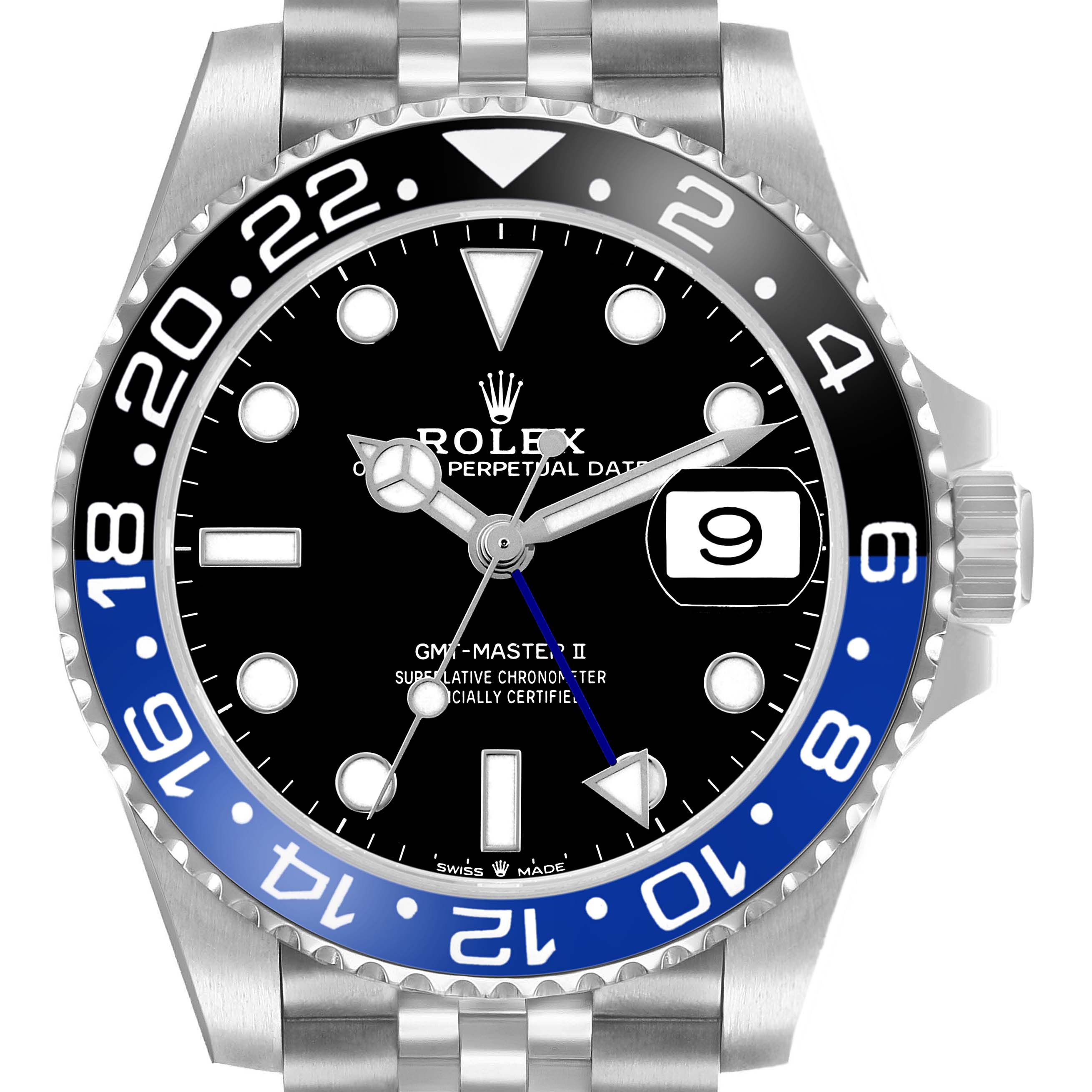 The image shows a front view of the Rolex GMT-Master 126710BLNR Men's Stainless Steel Black Dial II, highlighting the bezel, dial, hands, and date feature.
