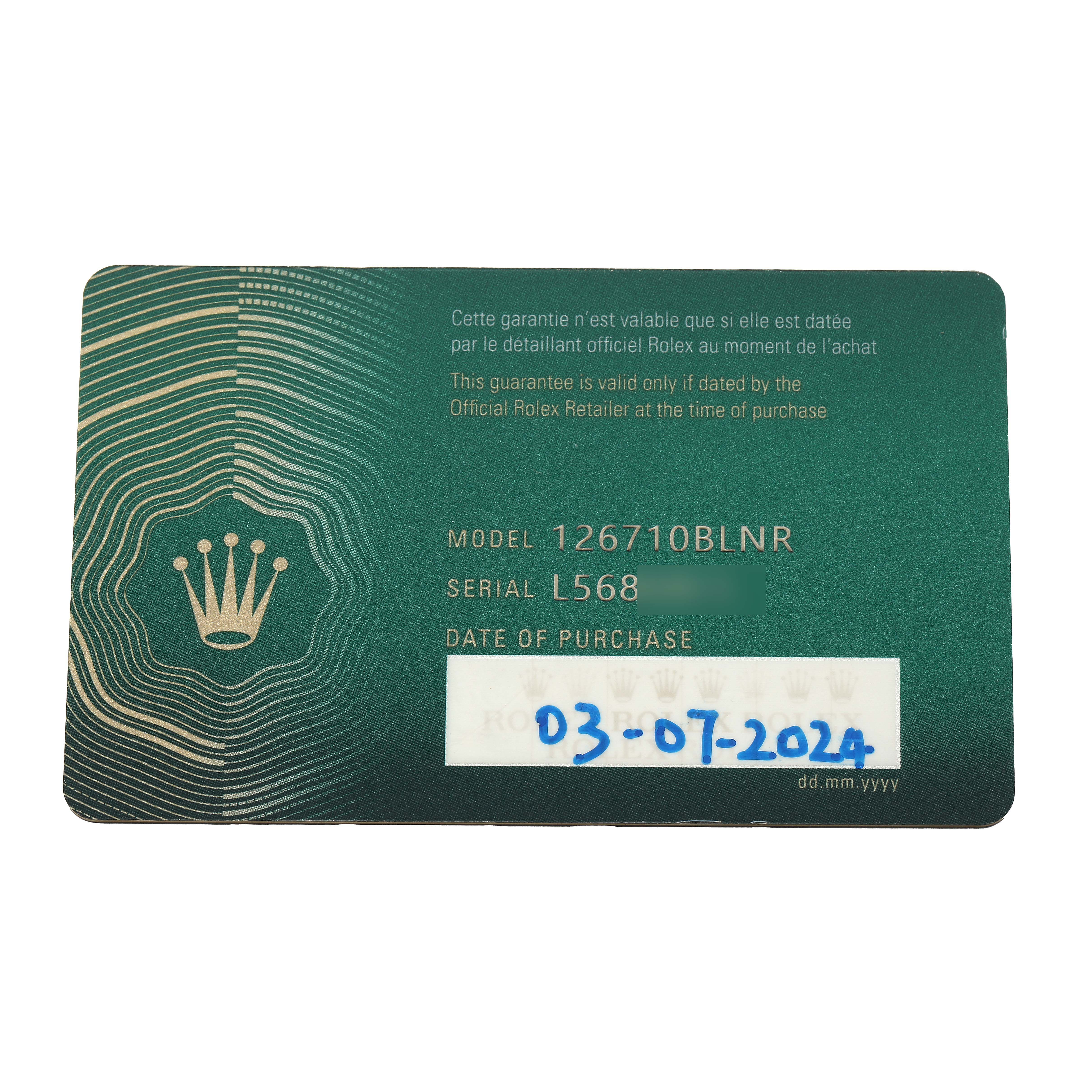 This image shows a warranty card for the Rolex GMT-Master 126710BLNR Men's Stainless Steel Black Dial model 126710BLNR, detailing purchase and serial information.