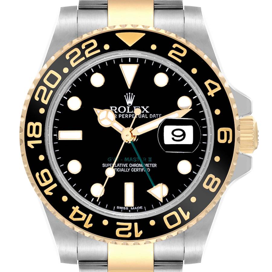 The Rolex GMT-Master watch is shown from the front, highlighting the dial, bezel, and part of the bracelet.