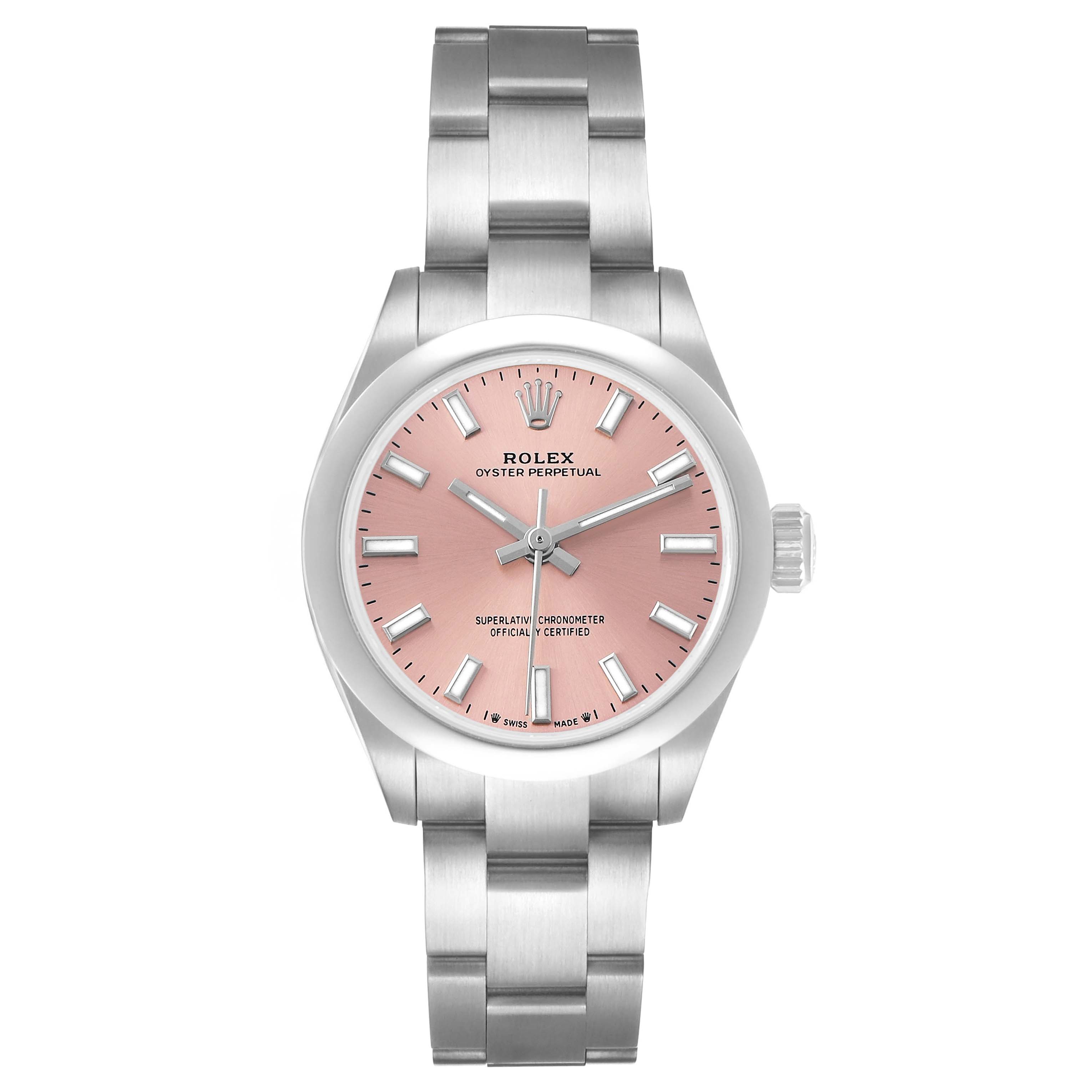 The Rolex Oyster Perpetual 276200 Women's Stainless Steel Pink Dial watch is shown from the front, highlighting its pink dial, stainless steel case, and bracelet.