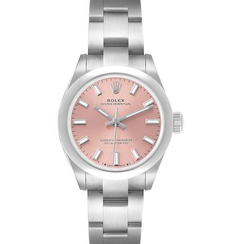 The Rolex Oyster Perpetual 276200 Women's Stainless Steel Pink Dial is shown from a front angle, displaying the pink dial and stainless steel bracelet.