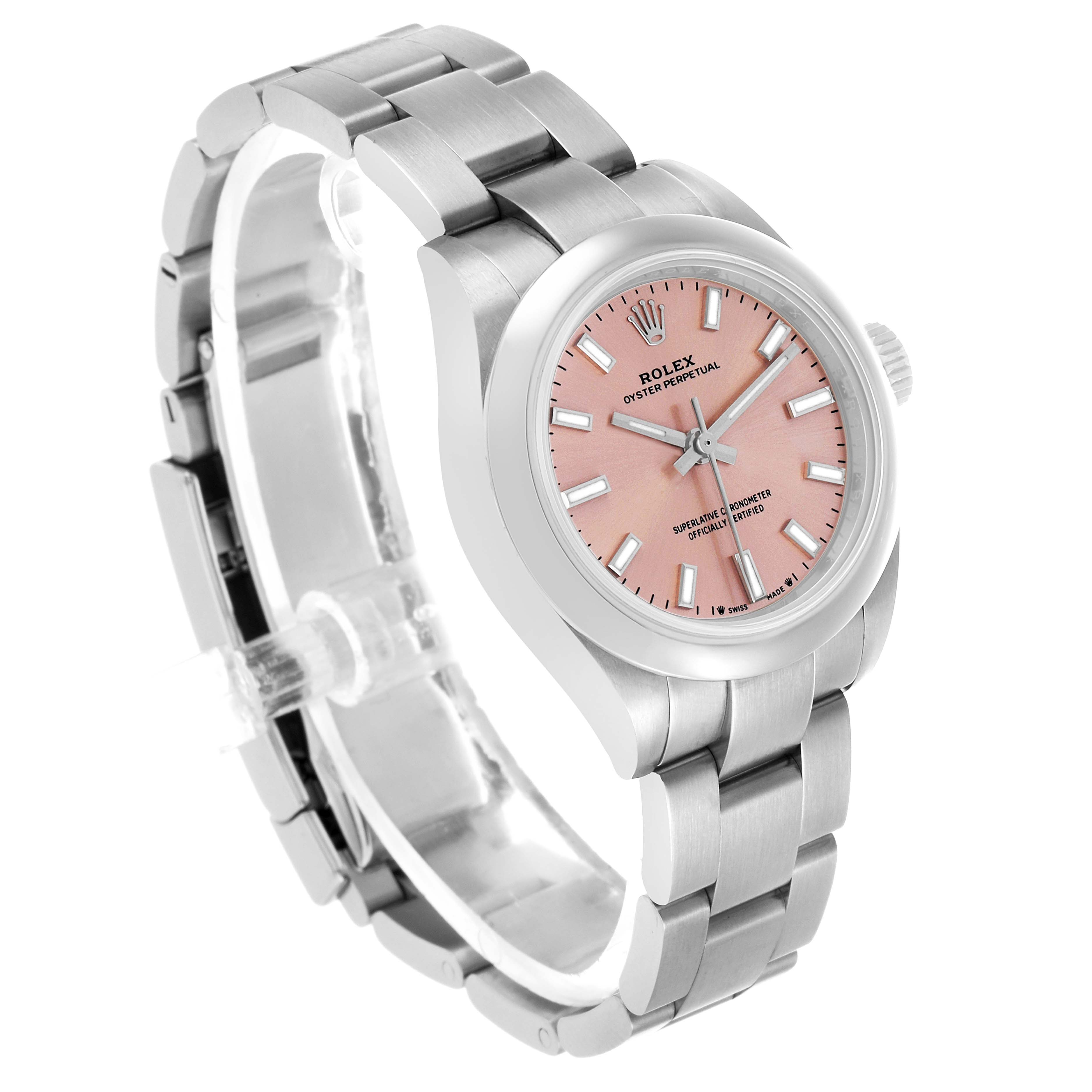 The Rolex Oyster Perpetual 276200 Women's Stainless Steel Pink Dial is shown at a three-quarter angle displaying the dial, bezel, bracelet, and crown.