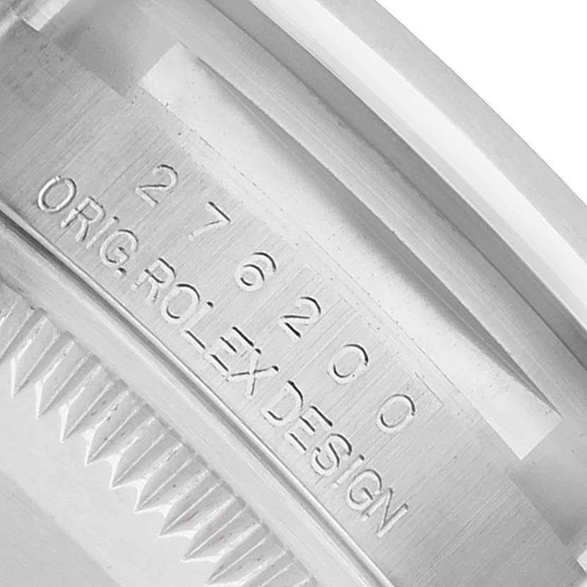 The image shows the side view of the case with engravings of an Oyster Perpetual model by Rolex.