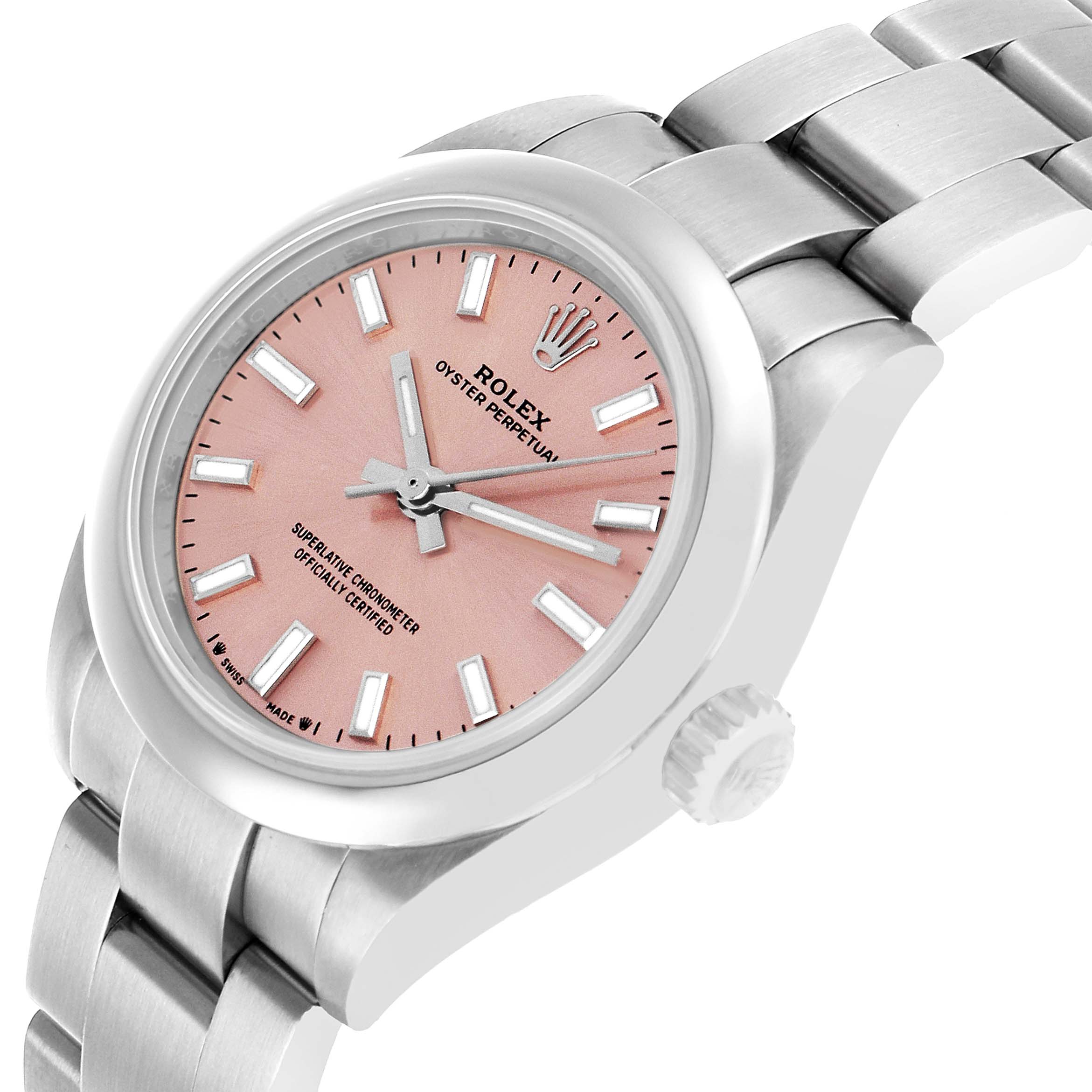The Rolex Oyster Perpetual 276200 Women's Stainless Steel Pink Dial is shown at a three-quarter angle, displaying the pink dial, crown, and part of the bracelet.