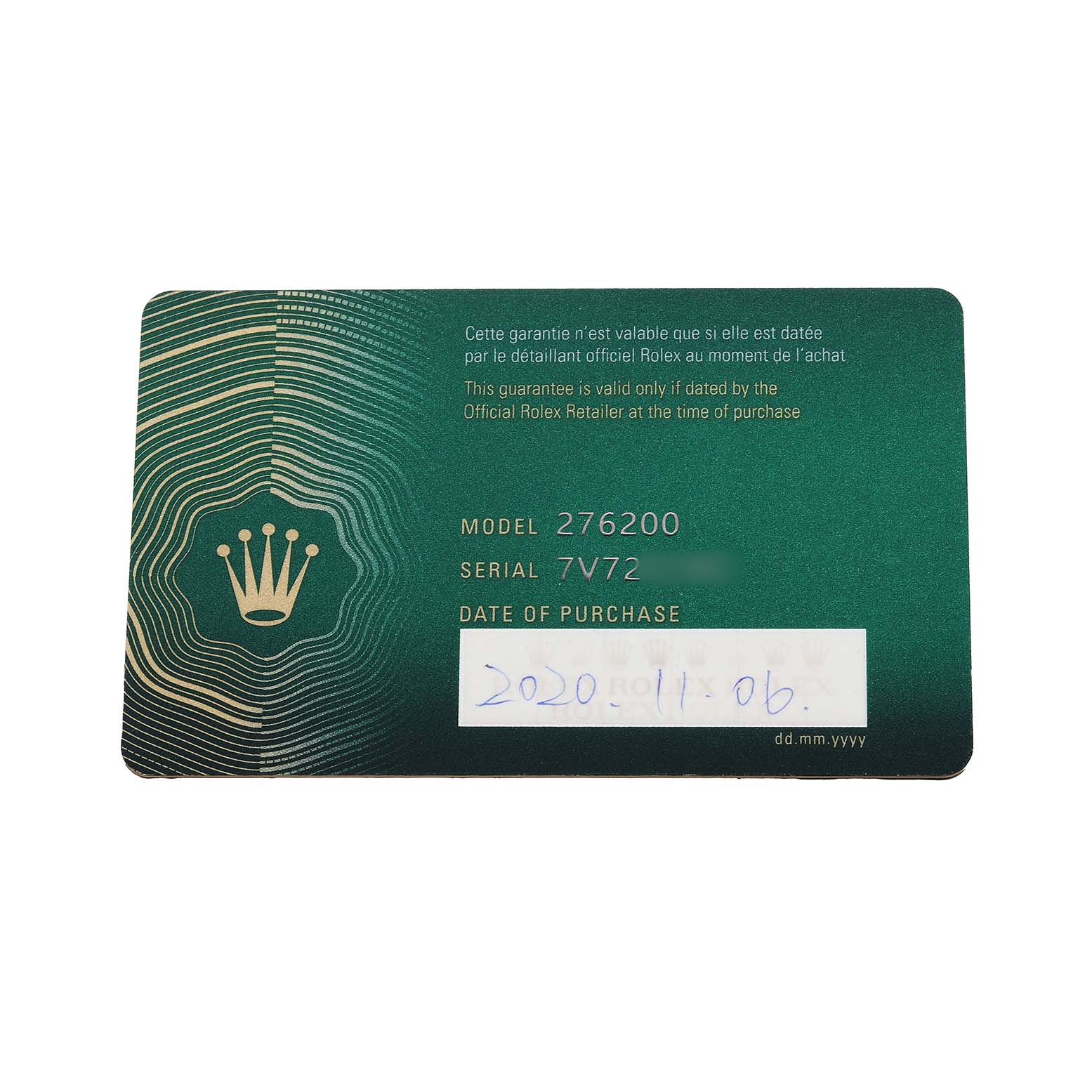 This image shows the warranty card for the Rolex Oyster Perpetual 276200 Women's Stainless Steel Pink Dial model 276200.