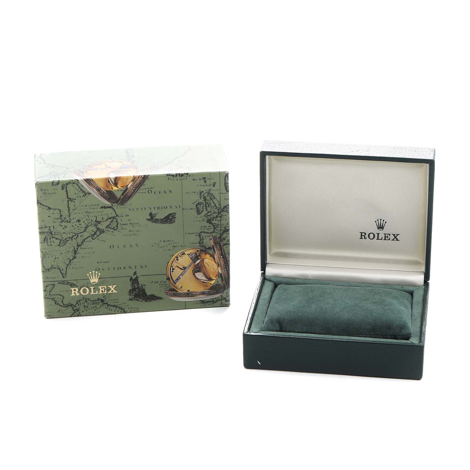 The image shows the packaging and open box for a Rolex Oyster Perpetual 67230 Women's Stainless Steel Silver Dial watch, with no watch visible.