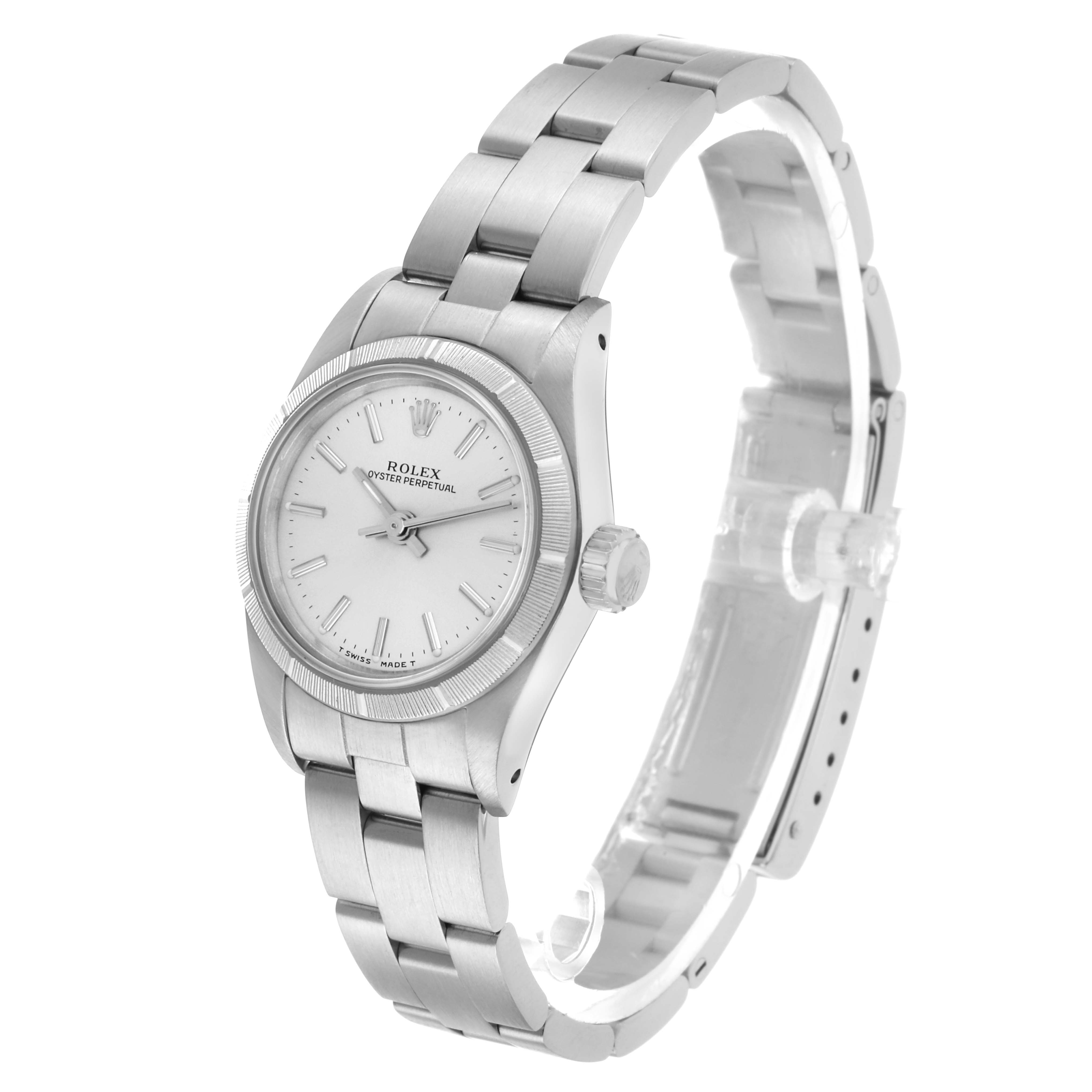 The Rolex Oyster Perpetual 67230 Women's Stainless Steel Silver Dial watch is shown at a front angle, highlighting the face, bezel, crown, and bracelet.