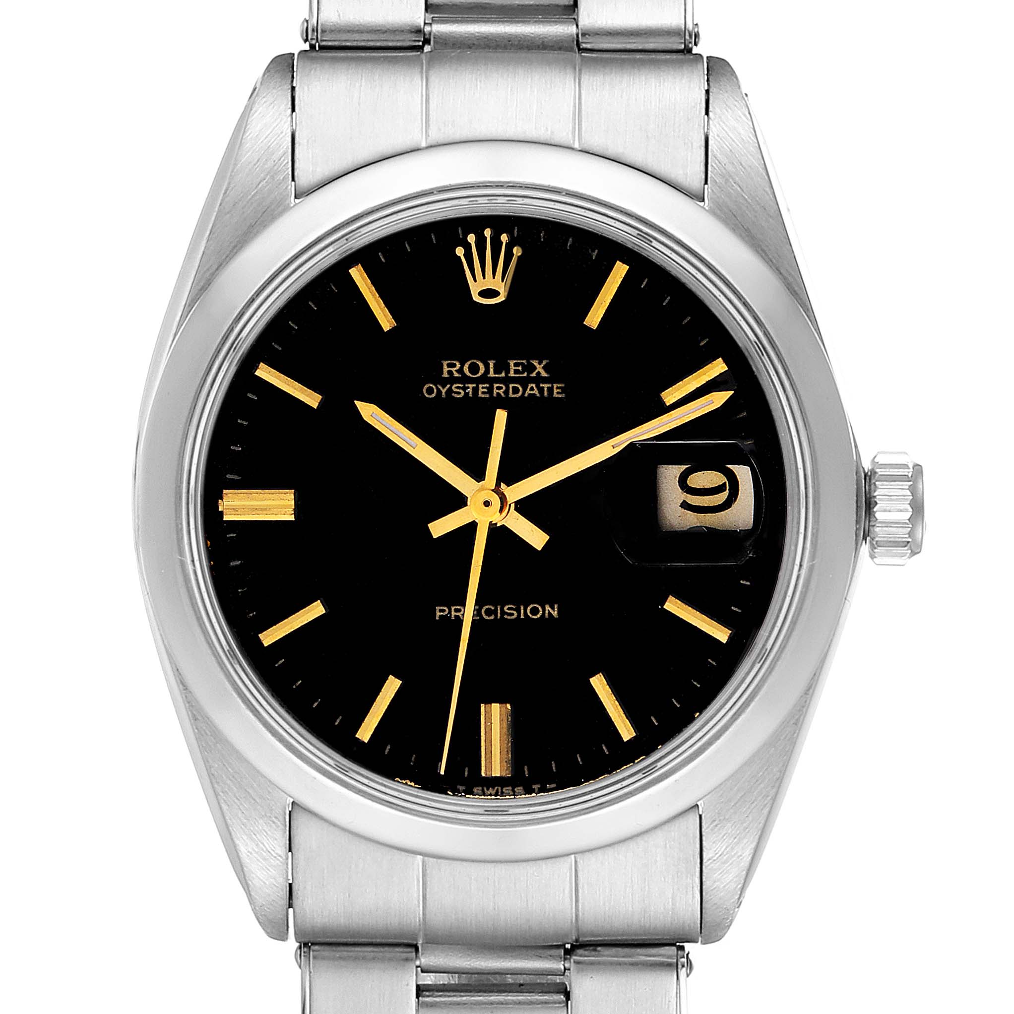 This image shows a frontal view of a Rolex Vintage Collection 6694 Men's Stainless Steel Black Dial 6694 Men's Stainless Steel Black Dial Oysterdate watch, highlighting its black dial, gold markers, and date window.