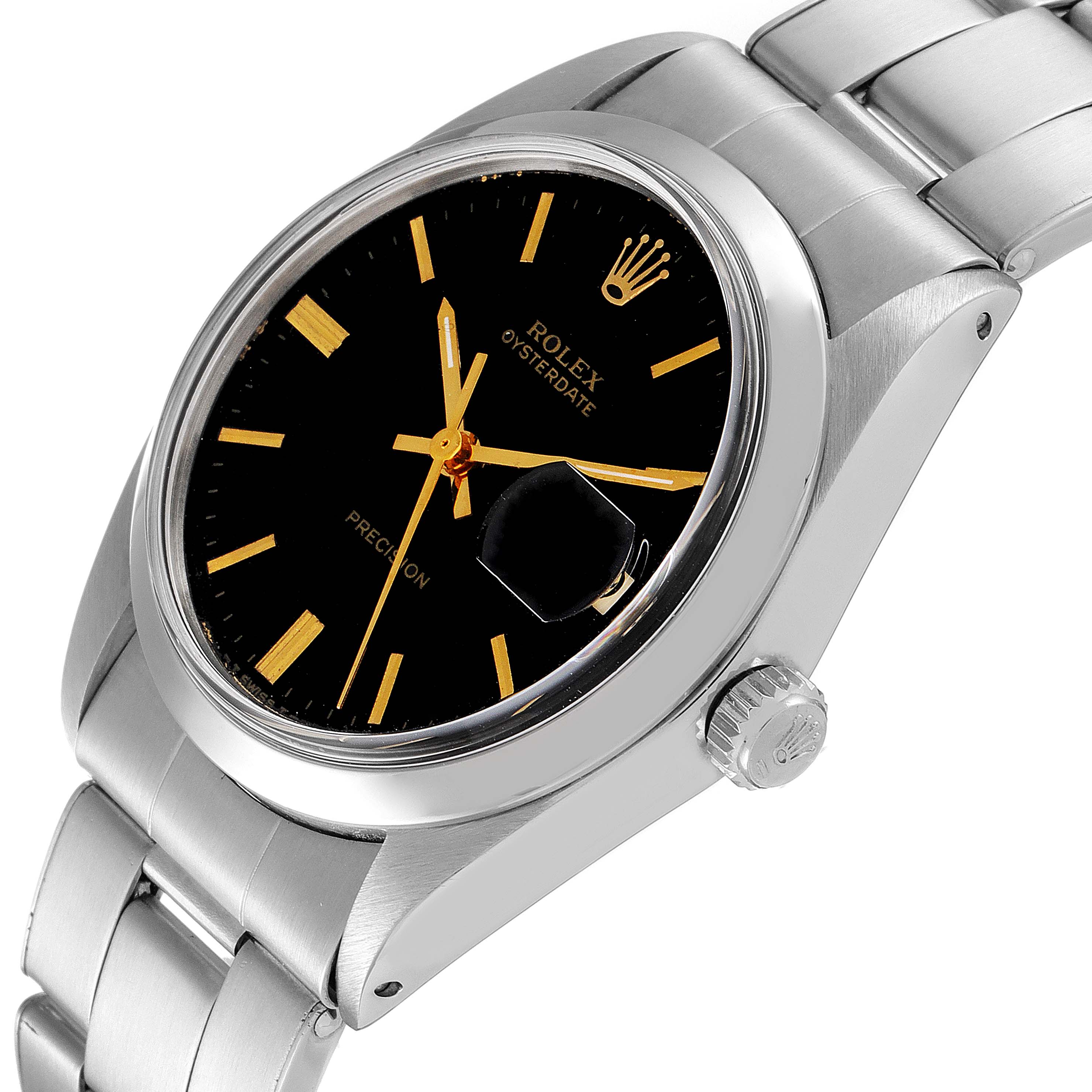 This image shows a Vintage Collection Rolex Oysterdate watch at a three-quarter angle, featuring the dial, bezel, crown, and part of the bracelet.