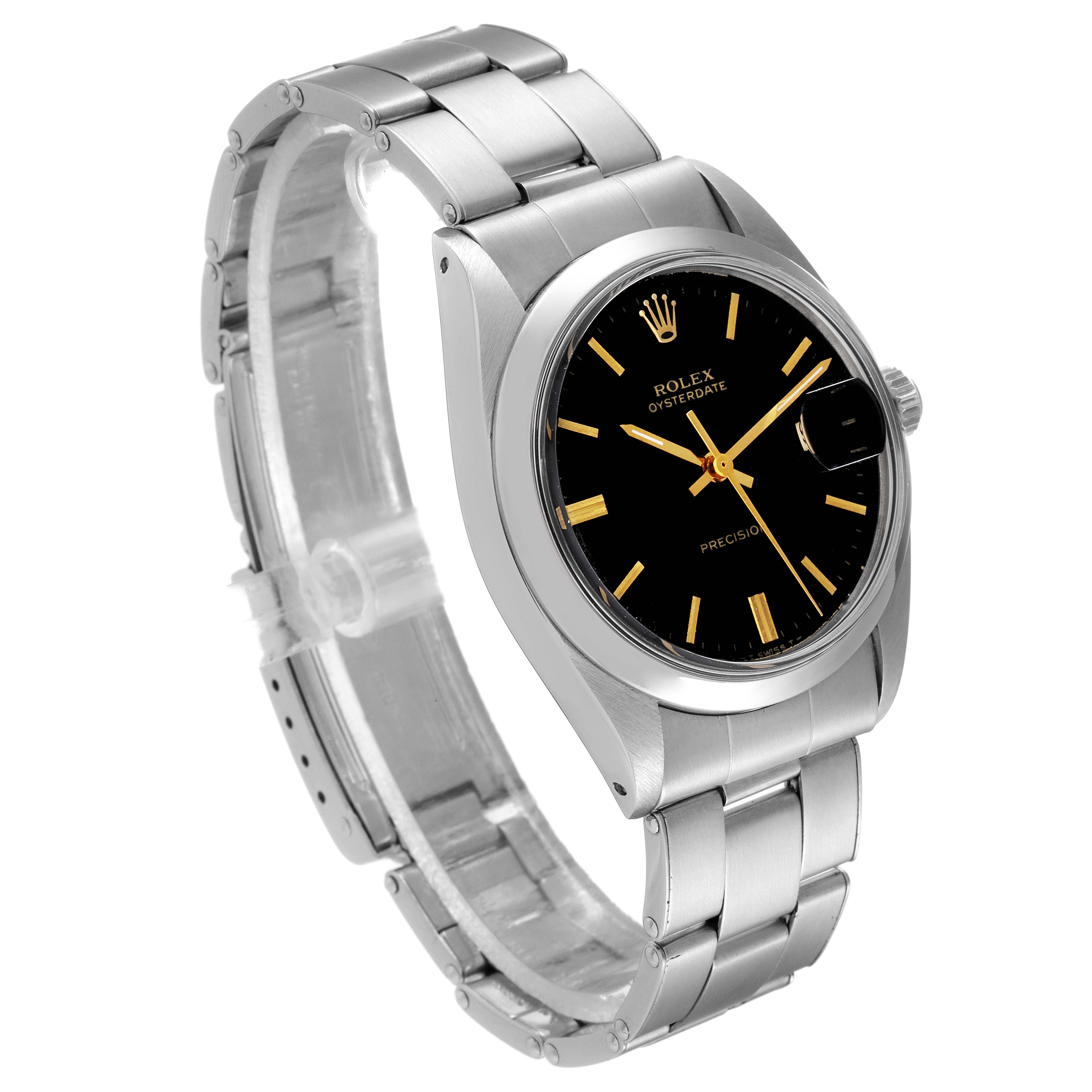 This image shows a side view angle of a Rolex Vintage Collection 6694 Men's Stainless Steel Black Dial 6694 Men's Stainless Steel Black Dial watch, featuring the face, bezel, lugs, and bracelet.