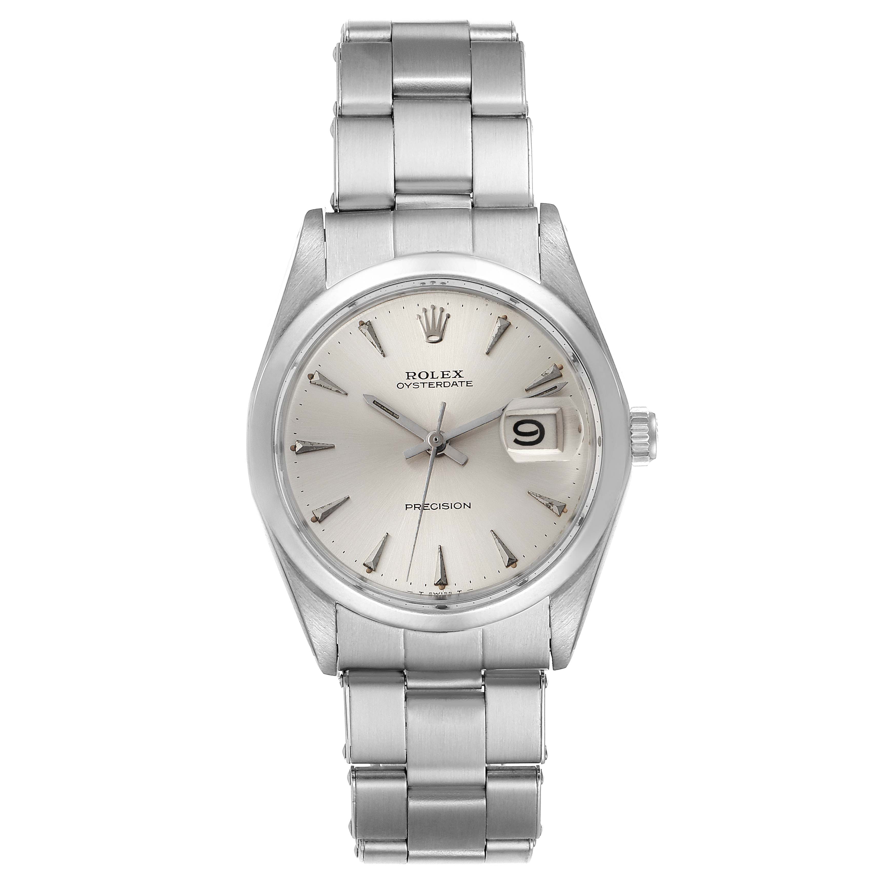 The image shows a front view of a Rolex Vintage Collection 6694 Men's Stainless Steel Silver Dial 6694 Men's Stainless Steel Silver Dial watch, highlighting the dial, hands, date window, and bracelet.