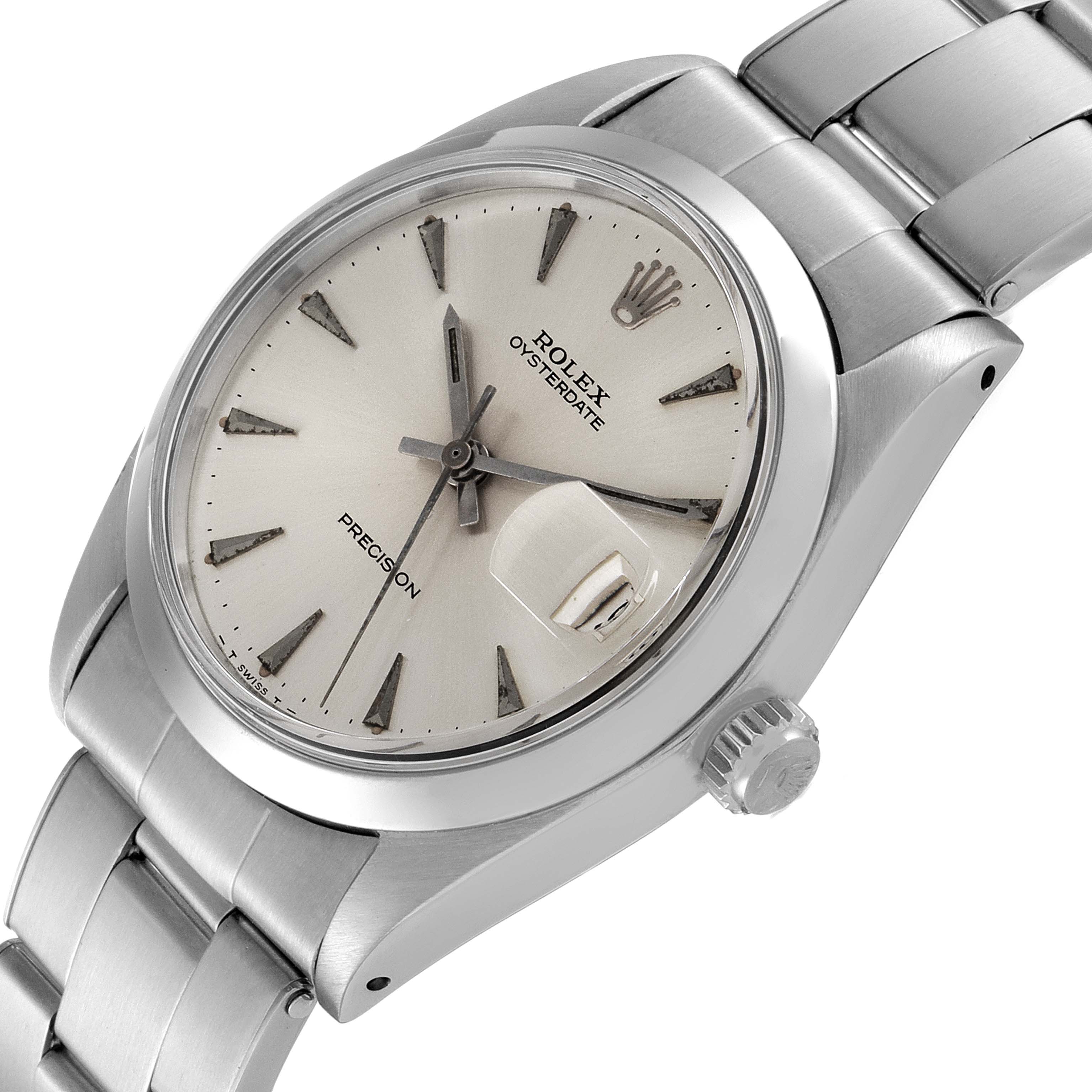 This Rolex Vintage Collection 6694 Men's Stainless Steel Silver Dial 6694 Men's Stainless Steel Silver Dial model watch is shown at an angle emphasizing the face, crown, and part of the metal bracelet.