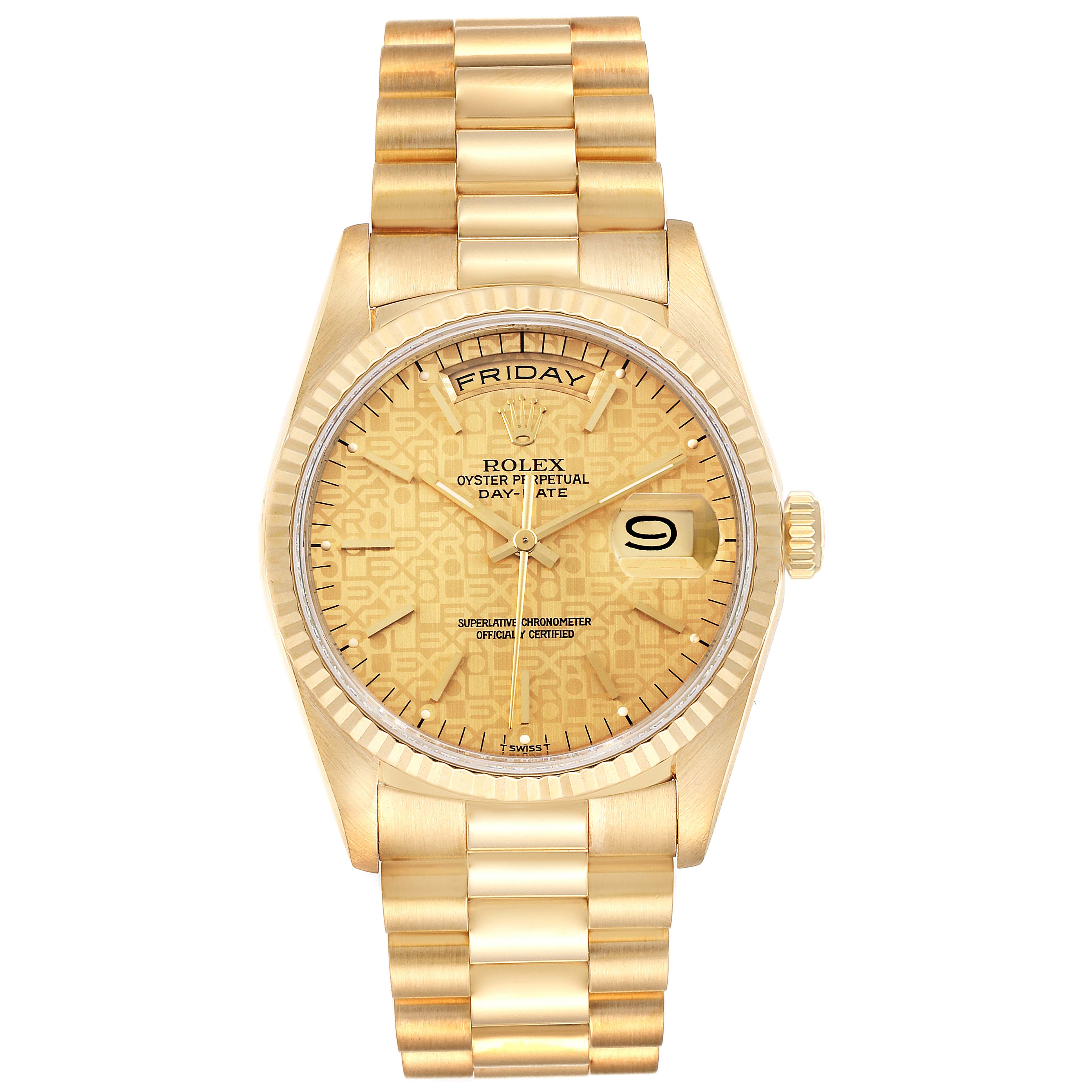 The image shows a front view of the Rolex President 18238 Men
s Yellow Gold Champagne Dial 18238 Men
s Yellow Gold Champagne Dial model watch, displaying the dial, bracelet, and day/date indicators.