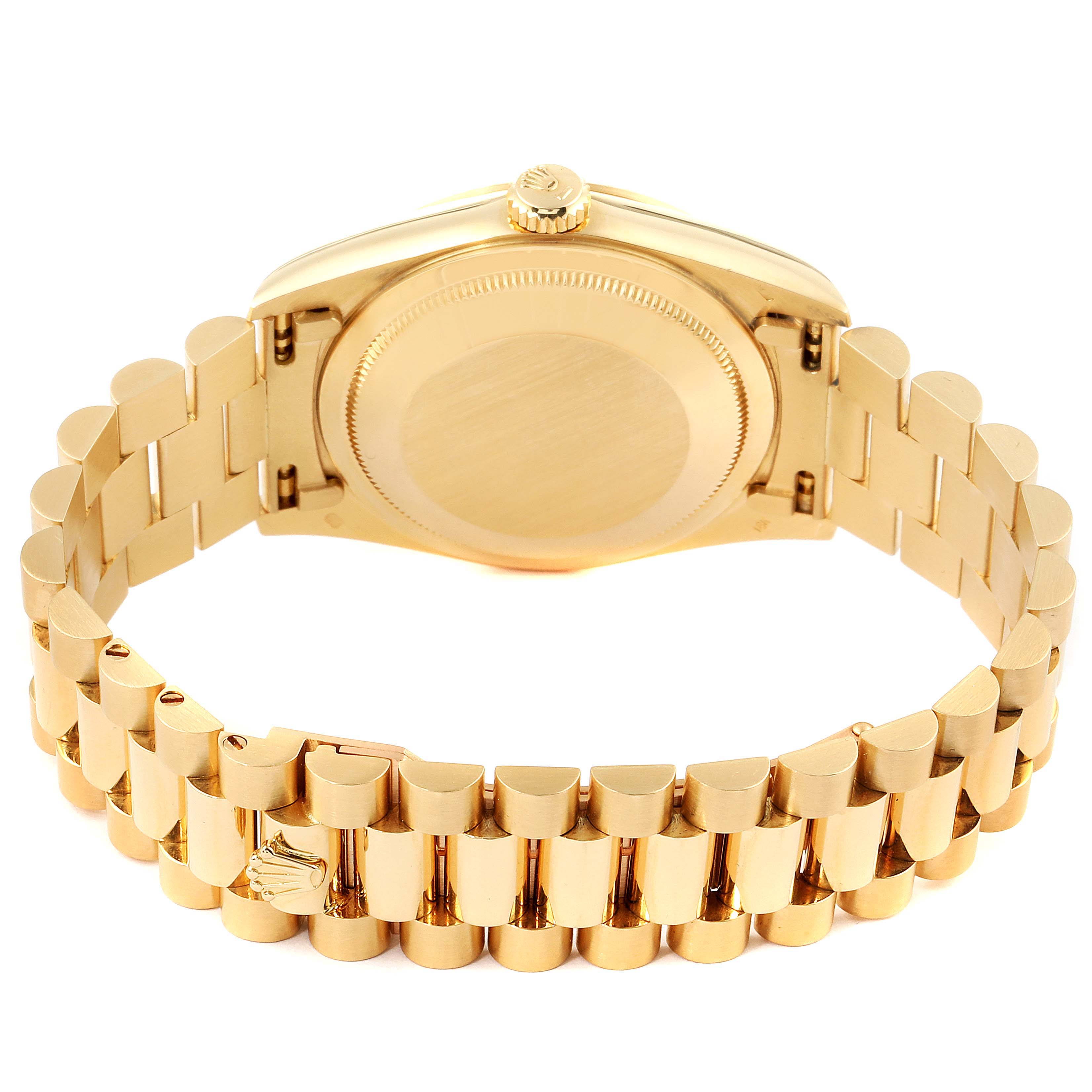 This image shows the back view and bracelet of a Rolex President 18238 Men
s Yellow Gold Champagne Dial 18238 Men
s Yellow Gold Champagne Dial model watch.