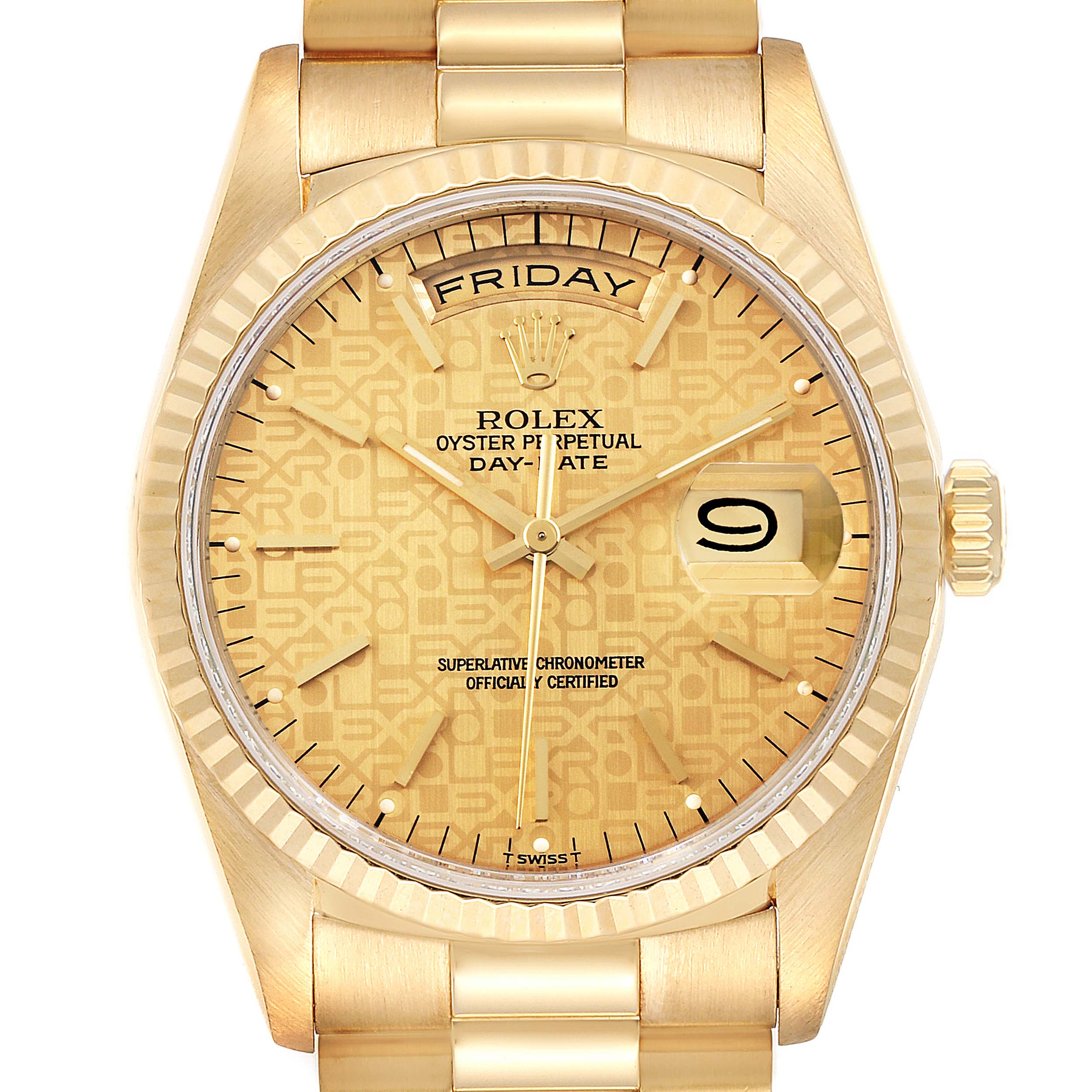 The image shows a front view of the Rolex President 18238 Men
s Yellow Gold Champagne Dial 18238 Men
s Yellow Gold Champagne Dial model watch, highlighting its gold dial, fluted bezel, and day-date display.