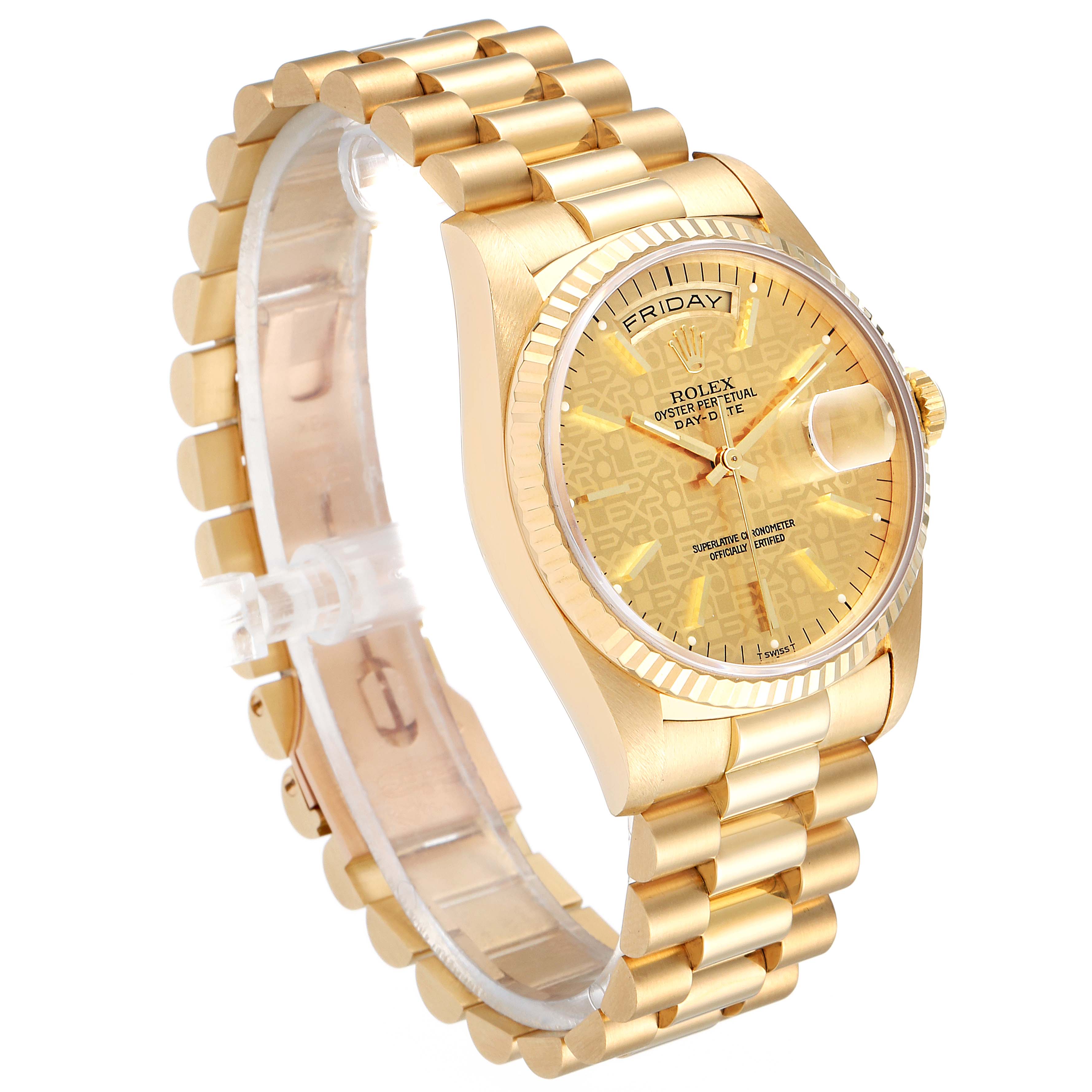 This image shows a side angle of the Rolex President 18238 Men
s Yellow Gold Champagne Dial 18238 Men
s Yellow Gold Champagne Dial model watch, highlighting its gold band, case, and face.