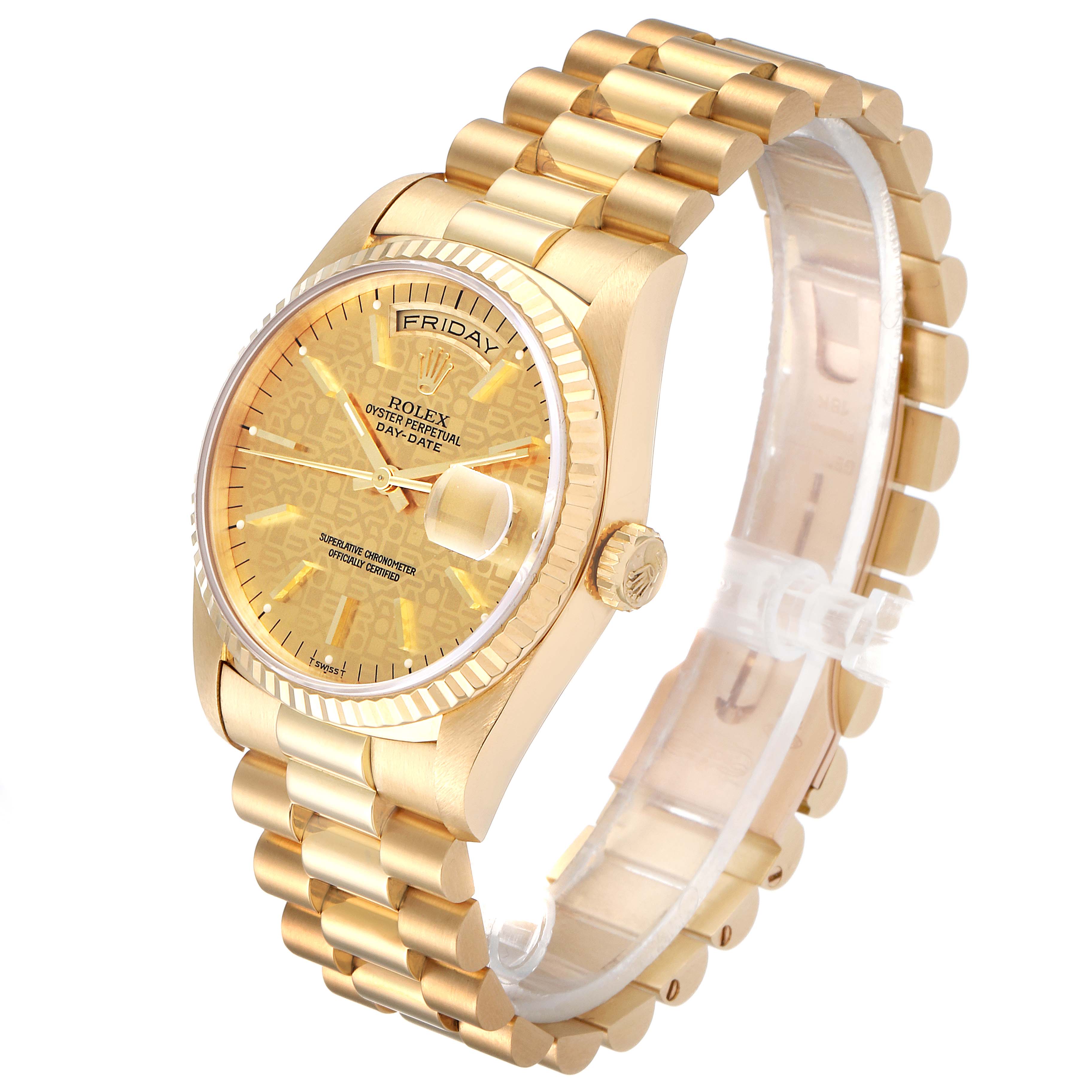 The Rolex President 18238 Men
s Yellow Gold Champagne Dial 18238 Men
s Yellow Gold Champagne Dial model is shown at an angle displaying its gold bracelet, dial, crown, and date feature.